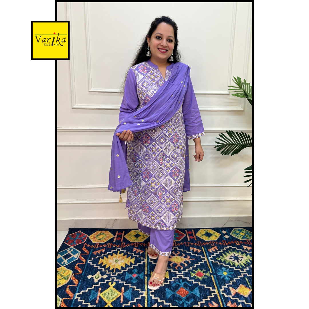 Cotton Flex Fully Embroidered 3 Piece Suit with Mul Dupatta Lavender Colour