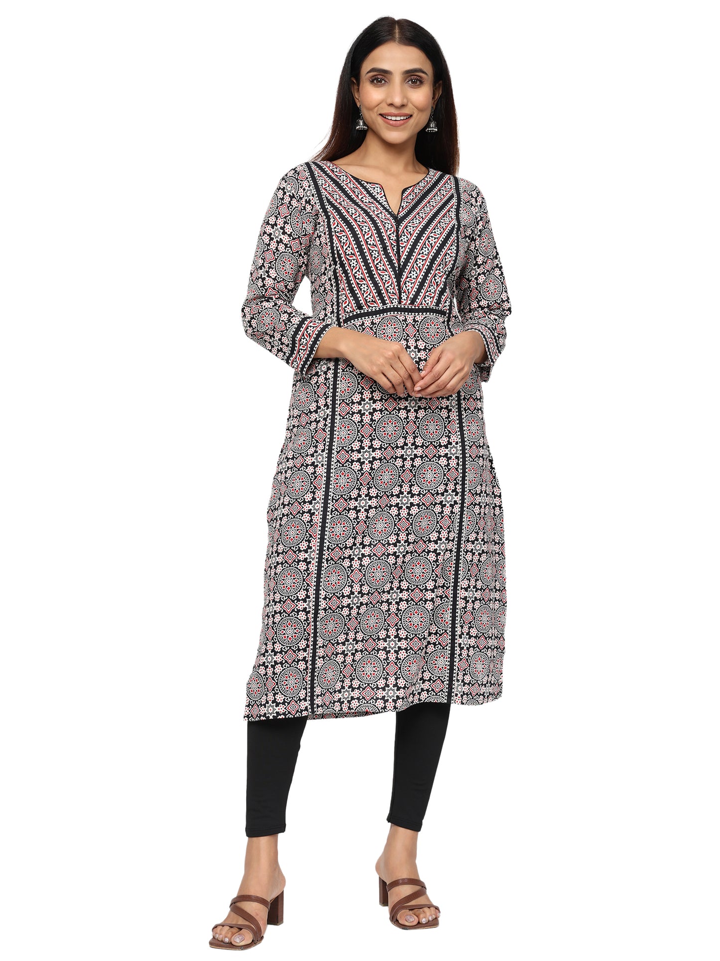 Designer Patch Work Ajrakh Print Kurti in Pure Cotton-Black