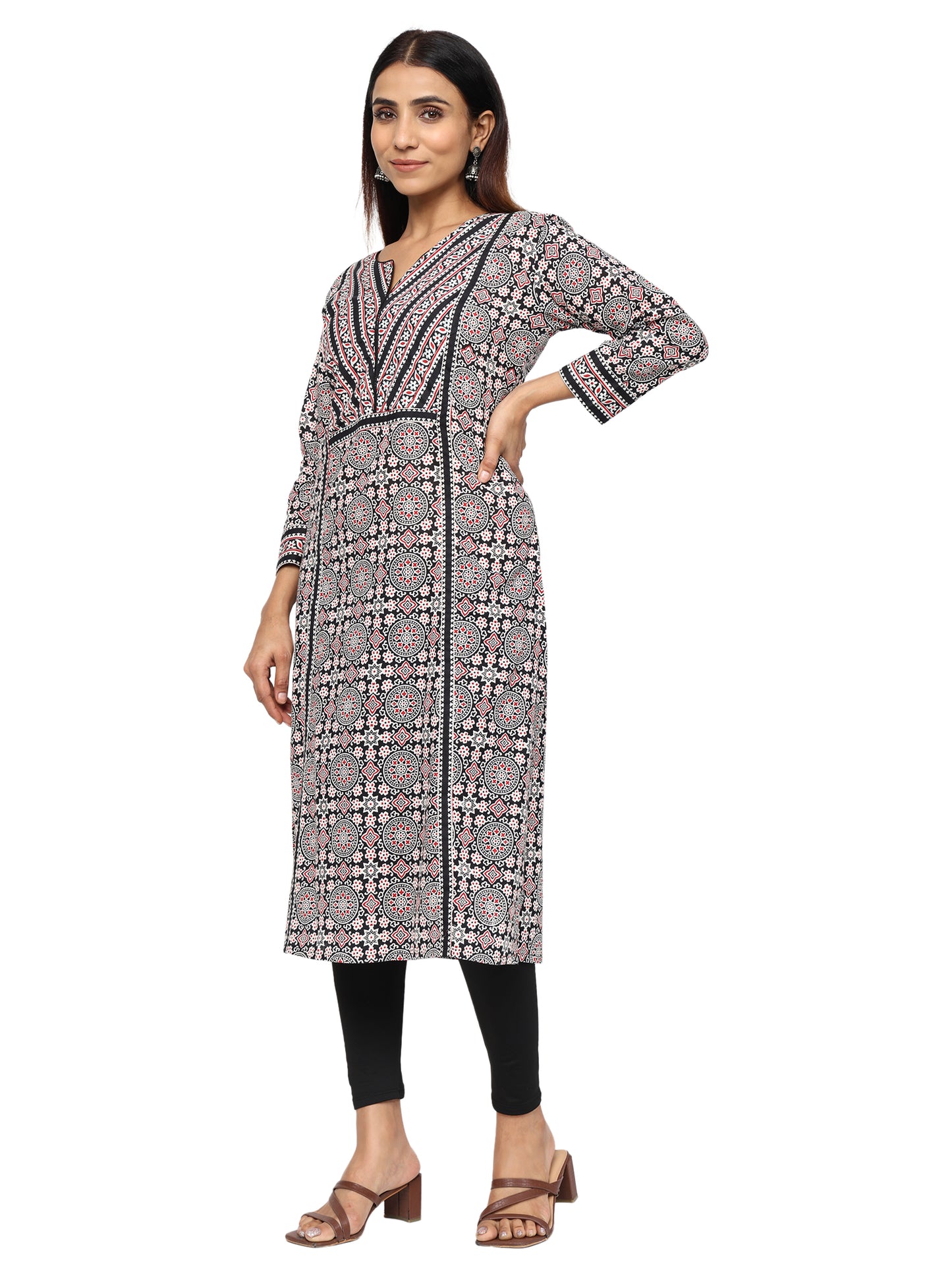 Designer Patch Work Ajrakh Print Kurti in Pure Cotton-Black