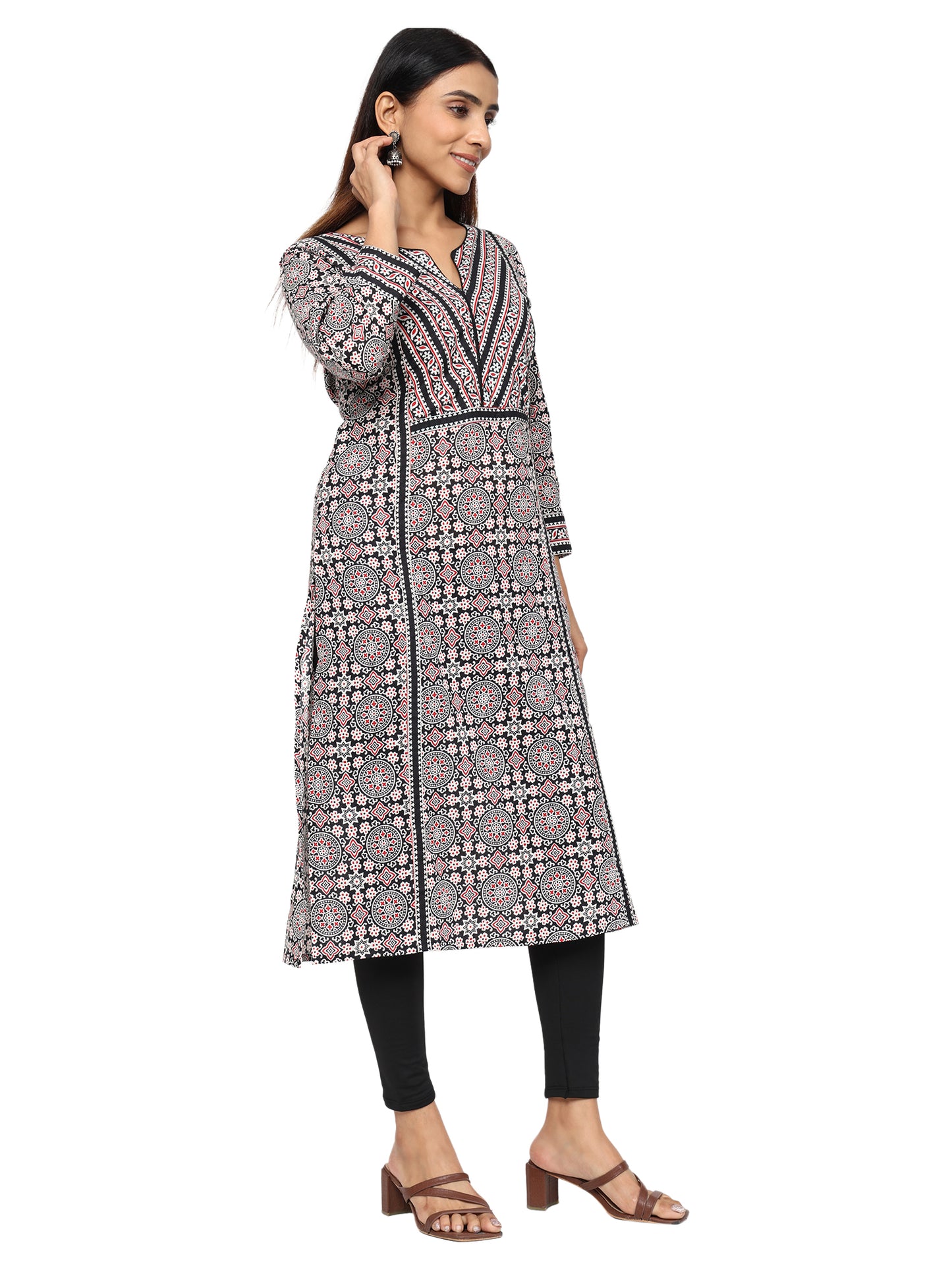 Designer Patch Work Ajrakh Print Kurti in Pure Cotton-Black