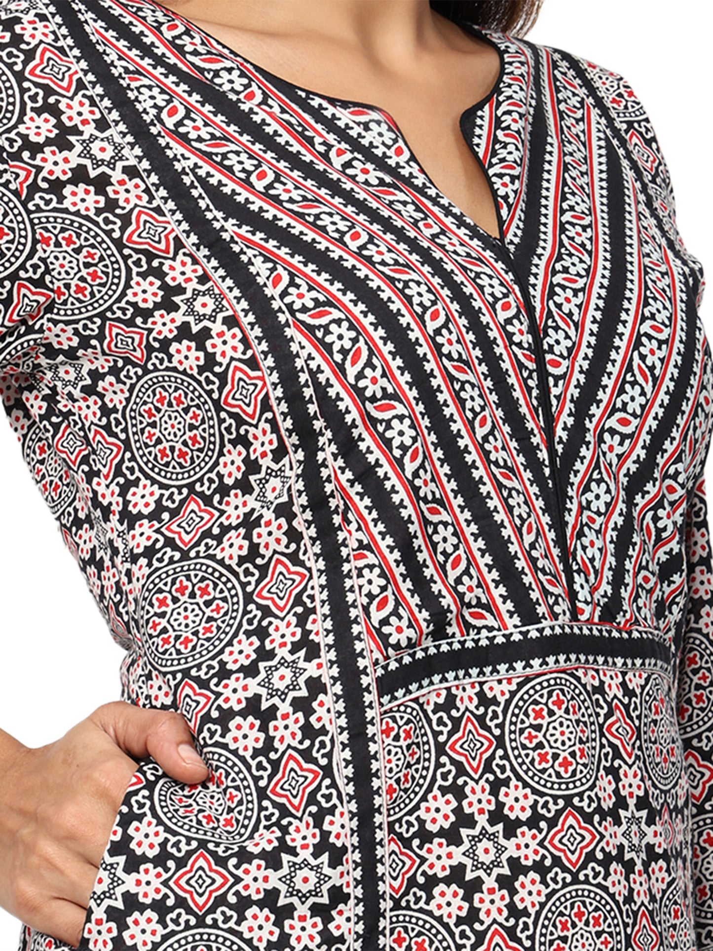Designer Patch Work Ajrakh Print Kurti in Pure Cotton-Black