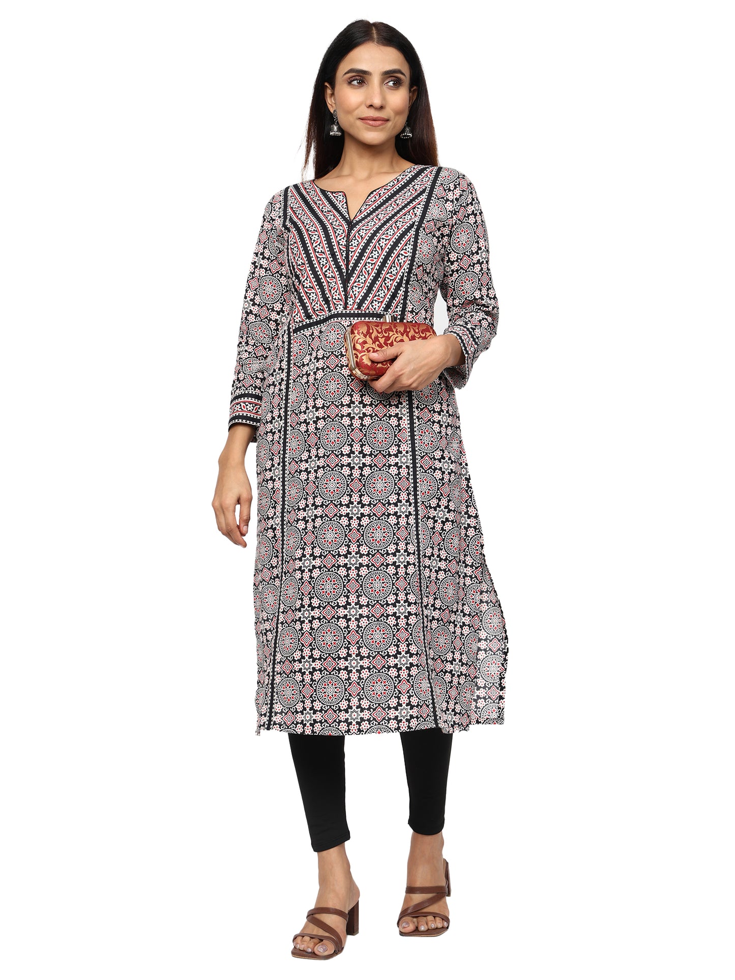 Designer Patch Work Ajrakh Print Kurti in Pure Cotton-Black