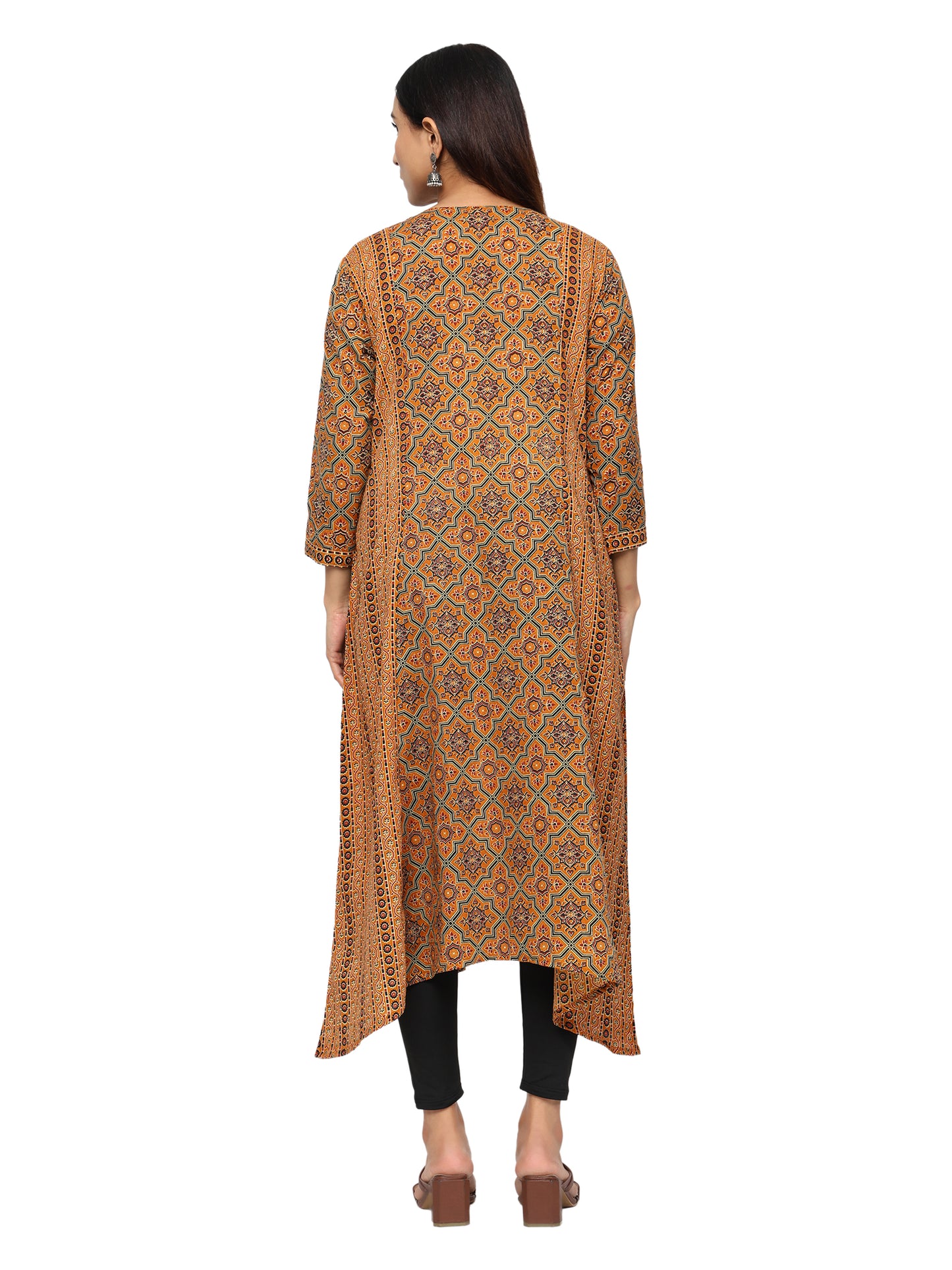 Designer Aline Kurti with mutiple fabric patching-Mustard Colour
