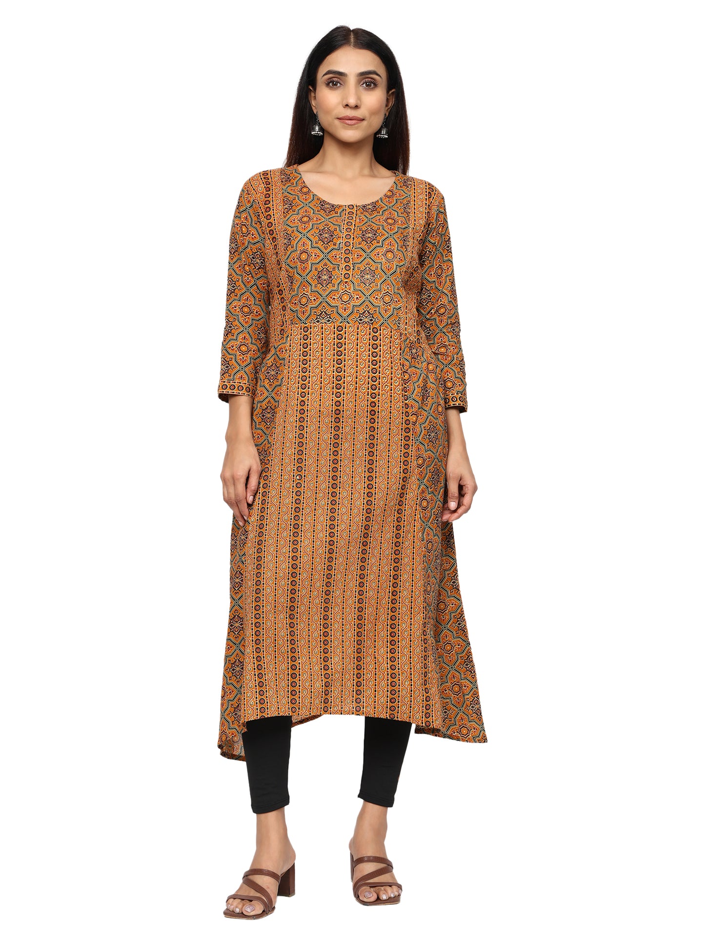 Designer Aline Kurti with mutiple fabric patching-Mustard Colour
