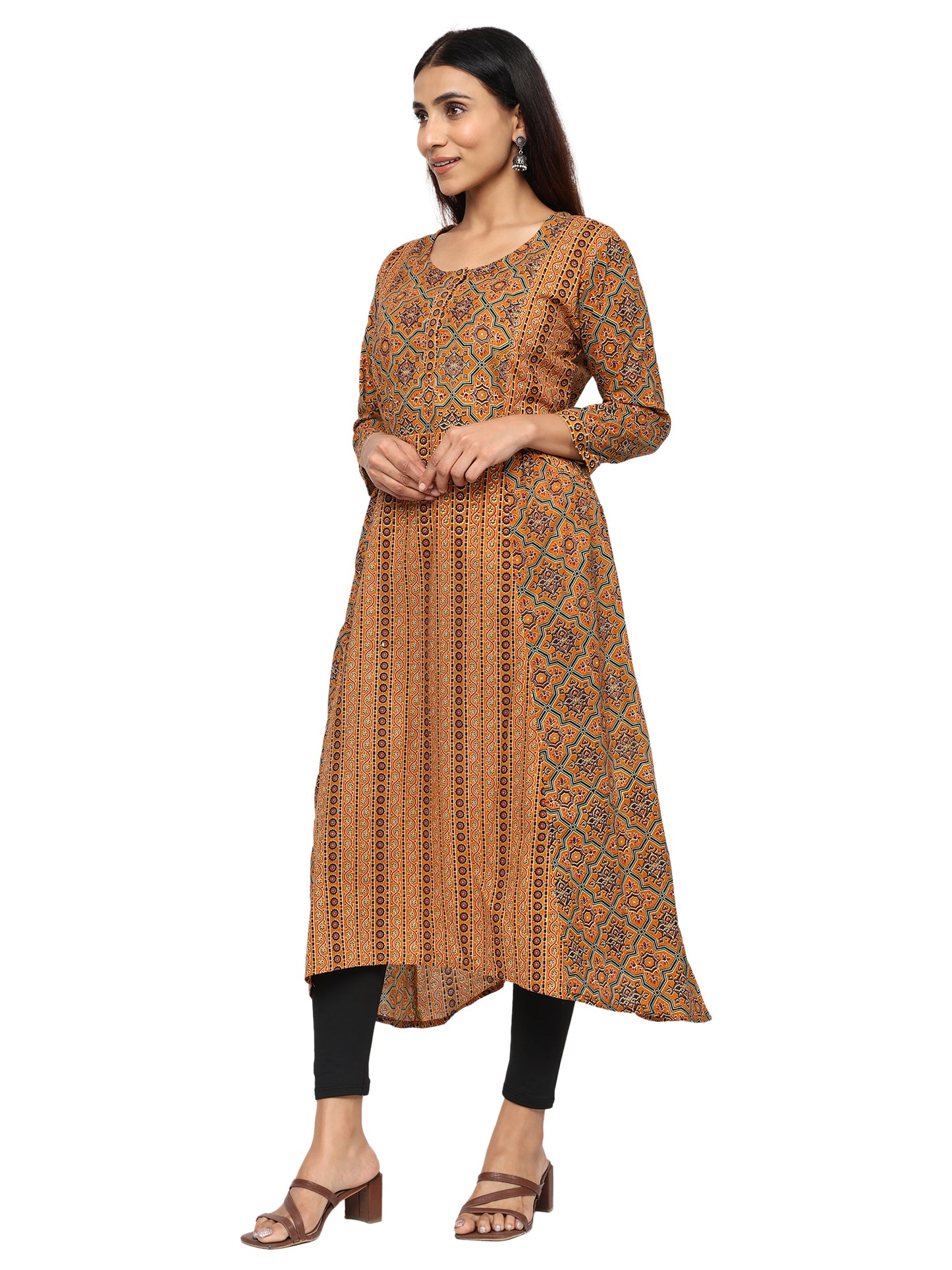 Designer Aline Kurti with mutiple fabric patching-Mustard Colour