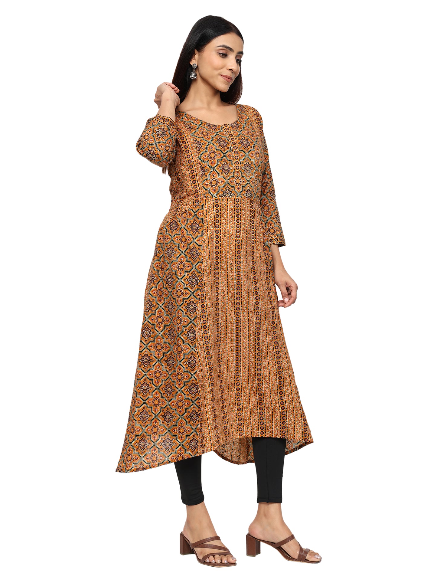 Designer Aline Kurti with mutiple fabric patching-Mustard Colour