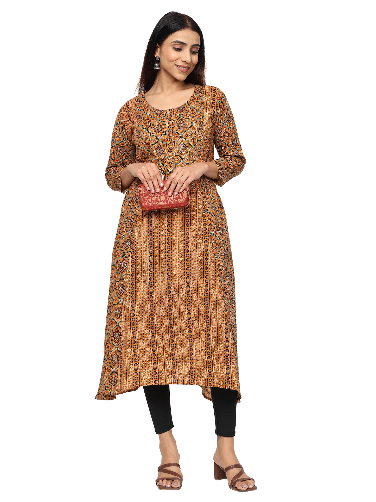 Designer Aline Kurti with mutiple fabric patching-Mustard Colour