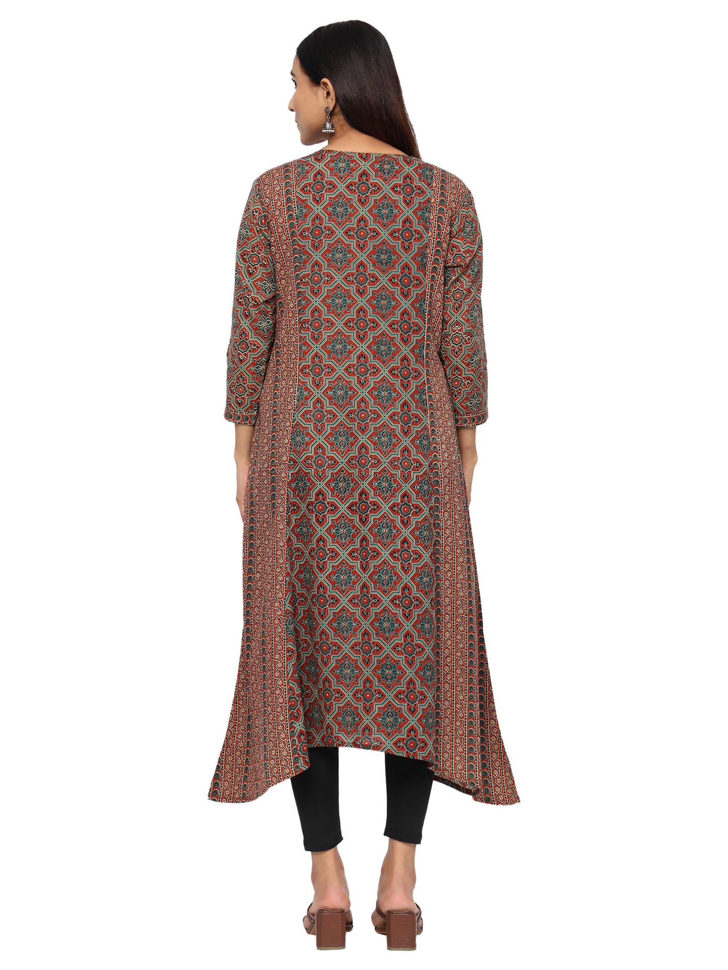 Designer Aline Kurti with mutiple fabric patching-Maroon Green Colour