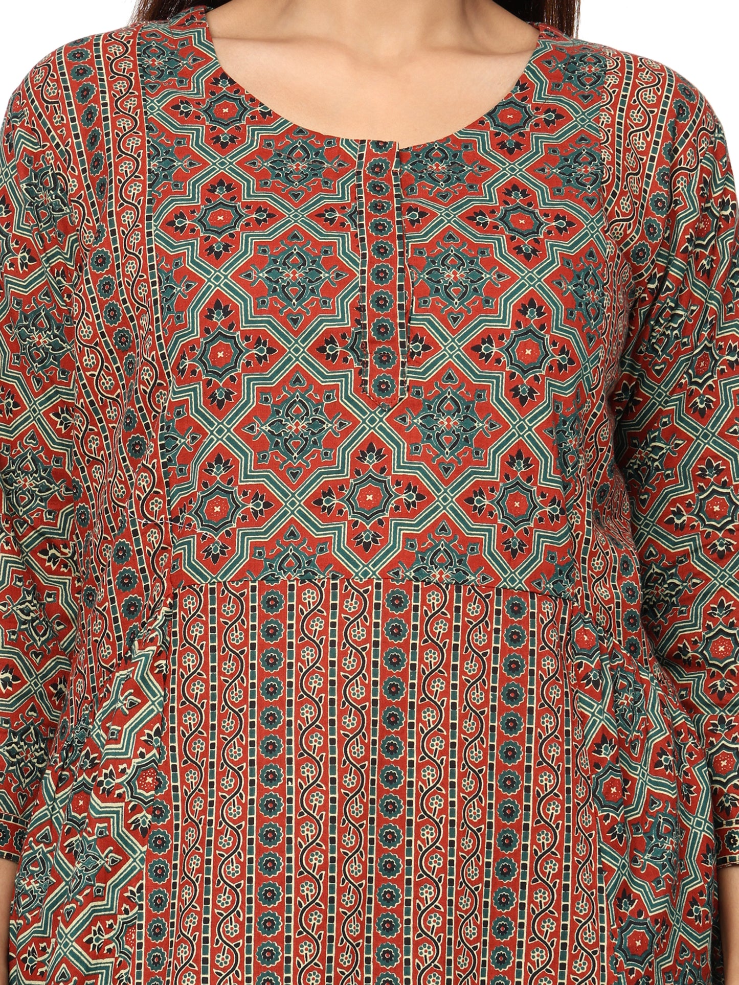 Designer Aline Kurti with mutiple fabric patching-Maroon Green Colour