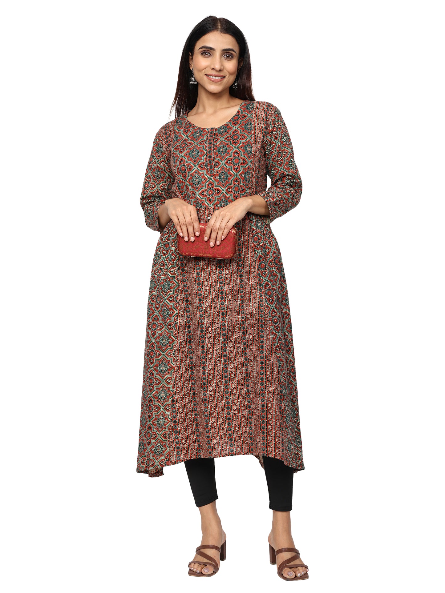 Designer Aline Kurti with mutiple fabric patching-Maroon Green Colour