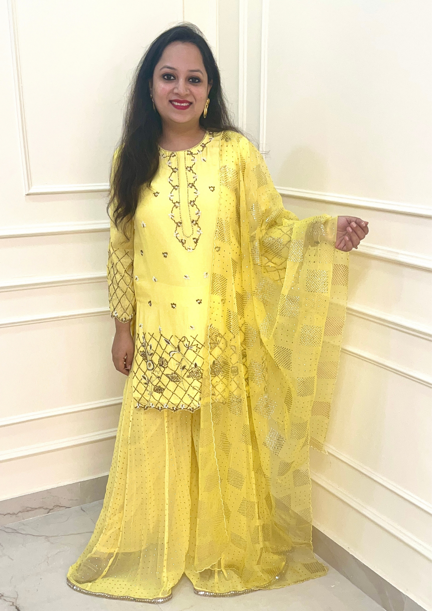 Pure Upada Silk Hand Embroidered Sharara Suit in Yellow Colour.