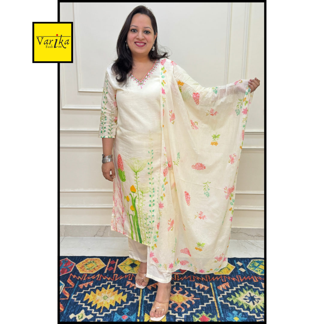 Cotton Linen Digital Print Suit Set-Off White