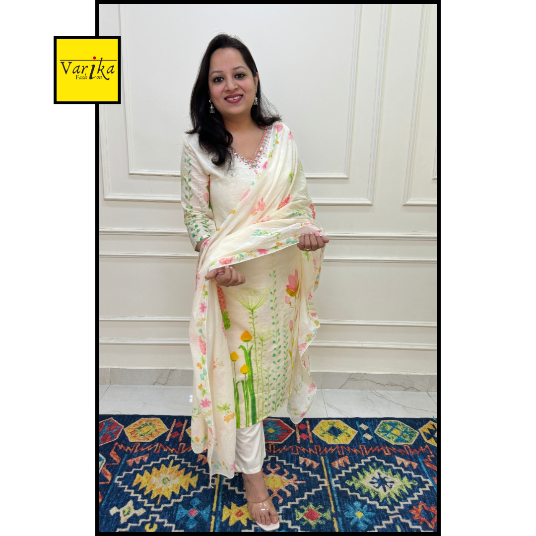 Cotton Linen Digital Print Suit Set-Off White