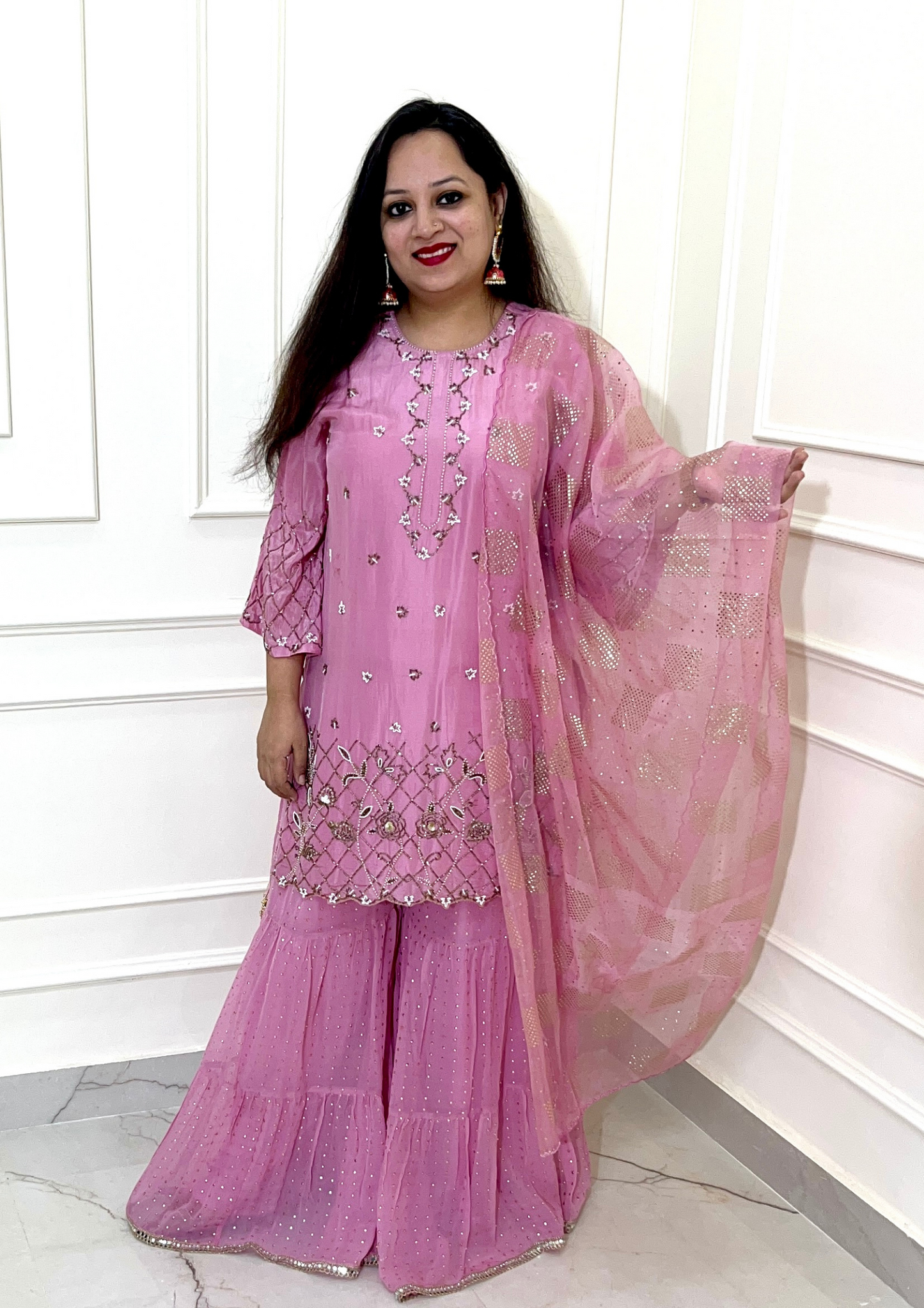 Pure Upada Silk Hand Embroidered Sharara Suit in Pink Colour.