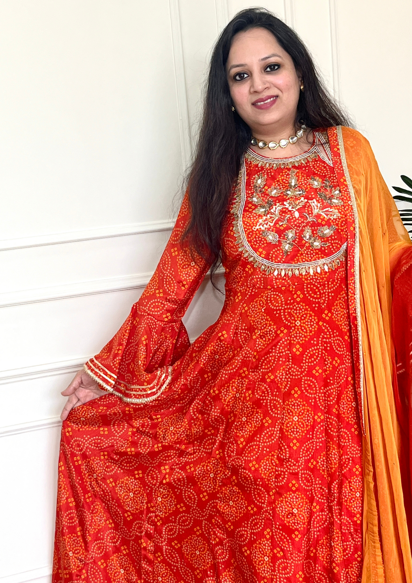 Bandhani Print Crepe Anarkali with Chiffon Dupatta