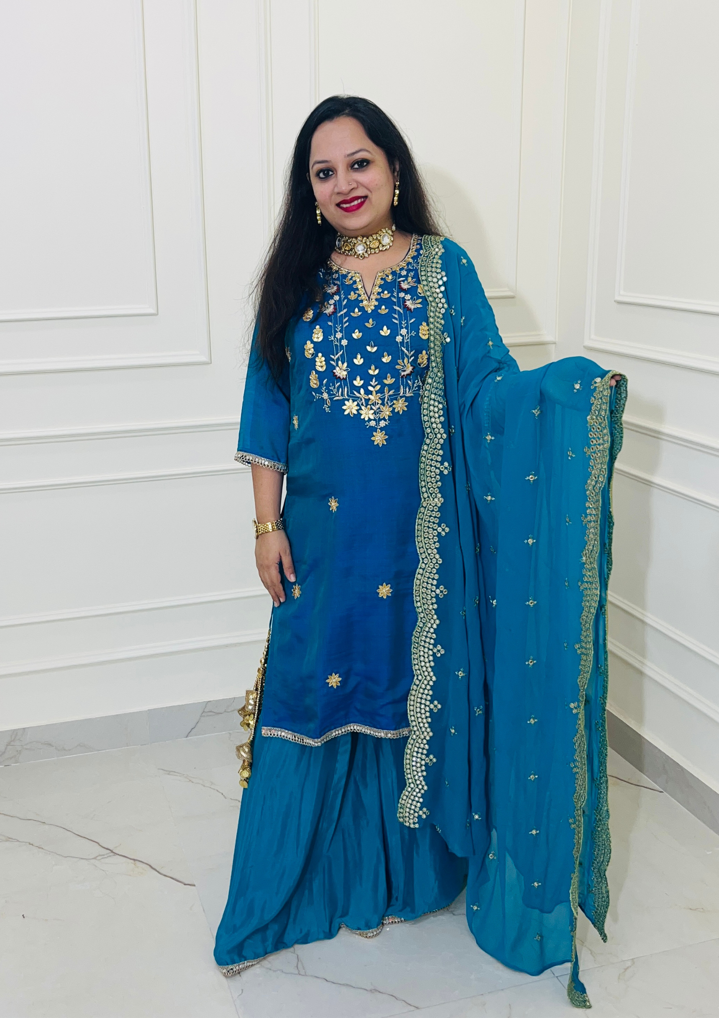 Beautiful Hand Embroidered Gota Work Sharara Suit in Turquoise Blue Colour
