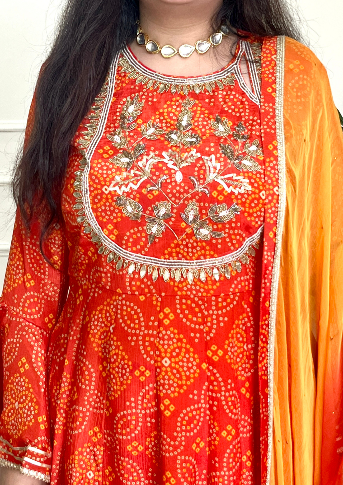 Bandhani Print Crepe Anarkali with Chiffon Dupatta
