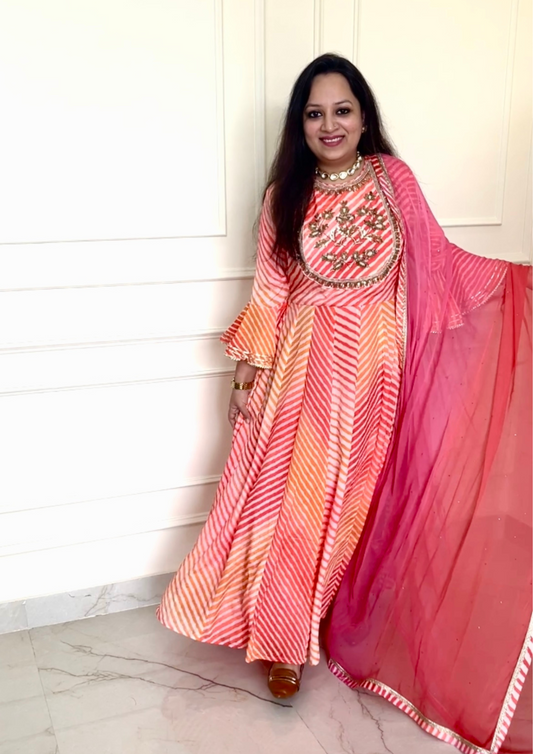 Leheriya Print Crepe Anarkali with Chiffon Dupatta