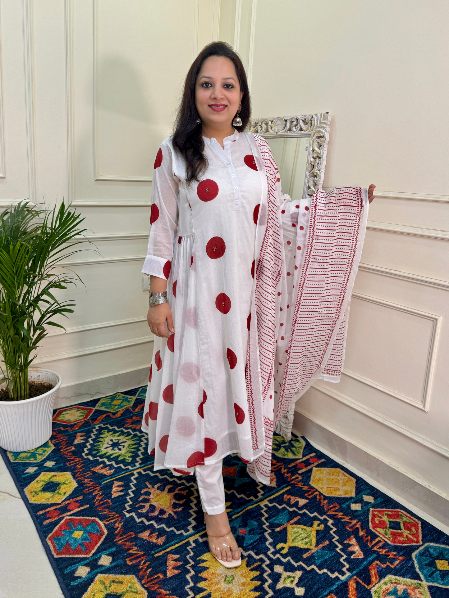 Premium Mul Cotton Polka Dot Suit Set-White/Red Colour