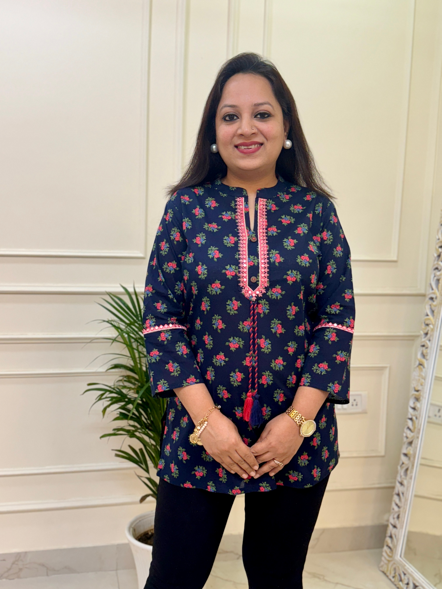 Navy Blue Floral Print Short Kurti for Jeans