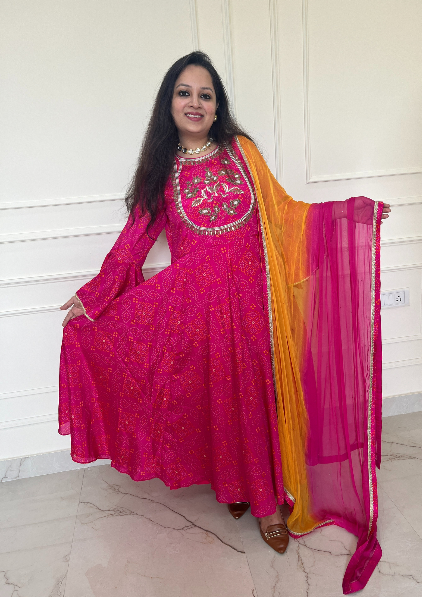 Bandhani Print Pink Colour Print Crepe Anarkali with Chiffon Dupatta
