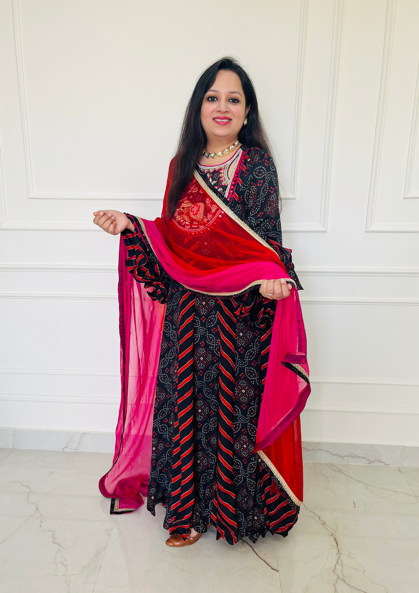 Bandhani and Leheriya Print Black Red Colour Crepe Anarkali with Chiffon Dupatta