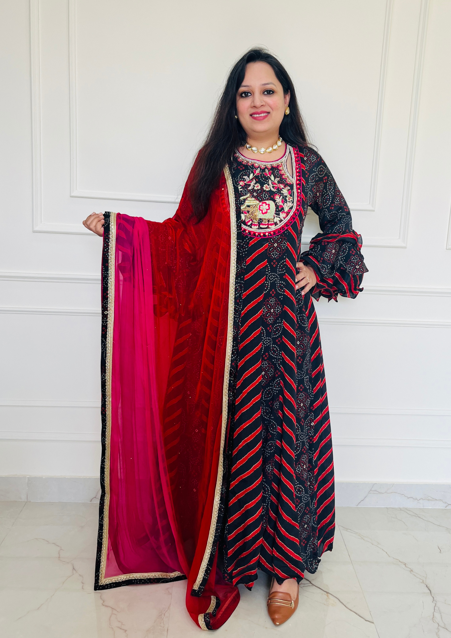 Bandhani and Leheriya Print Black Red Colour Crepe Anarkali with Chiffon Dupatta