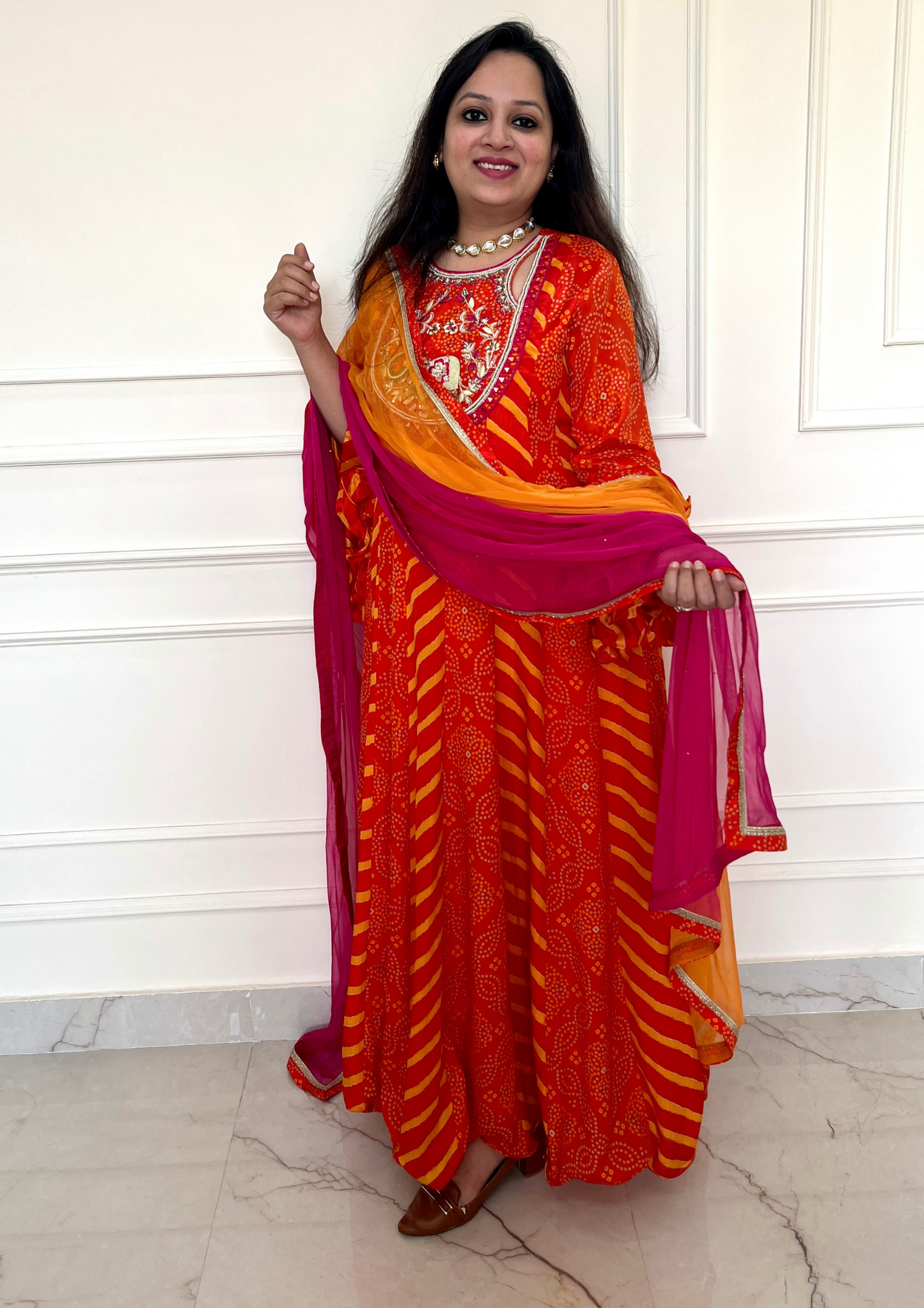 Bandhani and Leheriya Print Orange and Yellow Colour Crepe Anarkali with Chiffon Dupatta