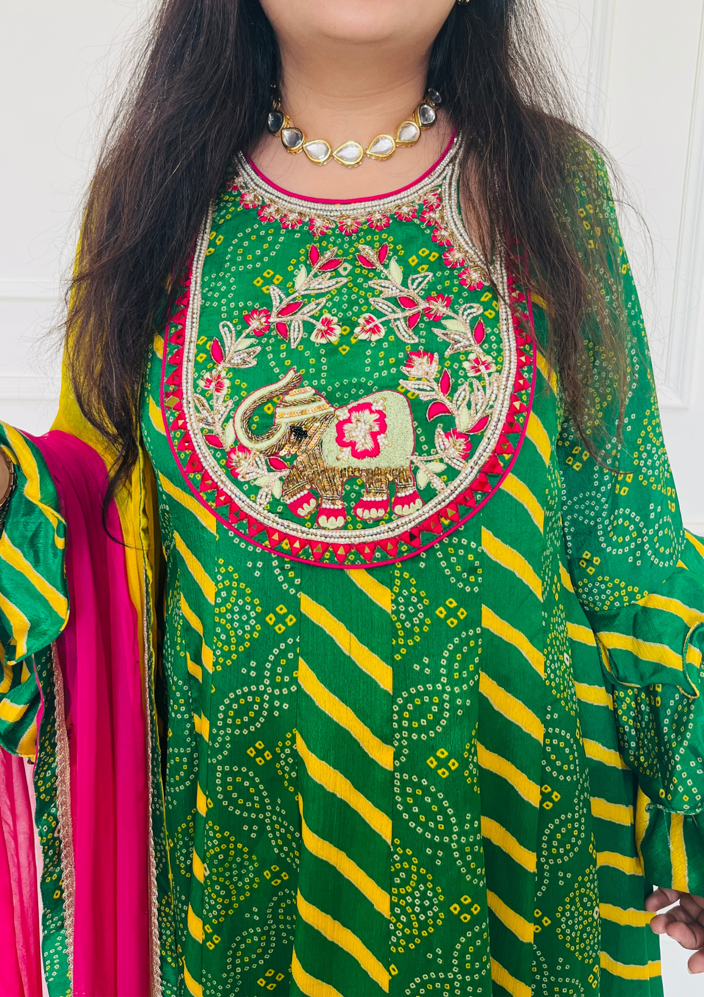 Bandhani and Leheriya Print Green and Yellow Colour Crepe Anarkali with Chiffon Dupatta