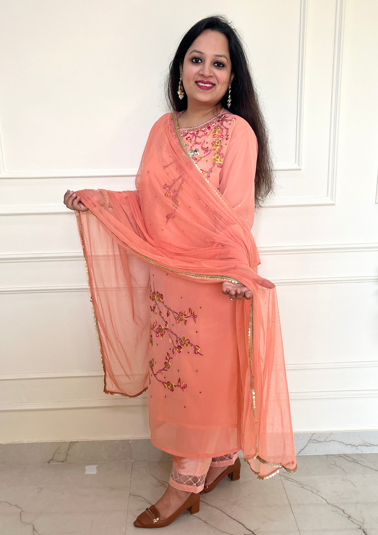 Georgette based Bird Daali Hand Embroidered 3pc suit in Peach Colour