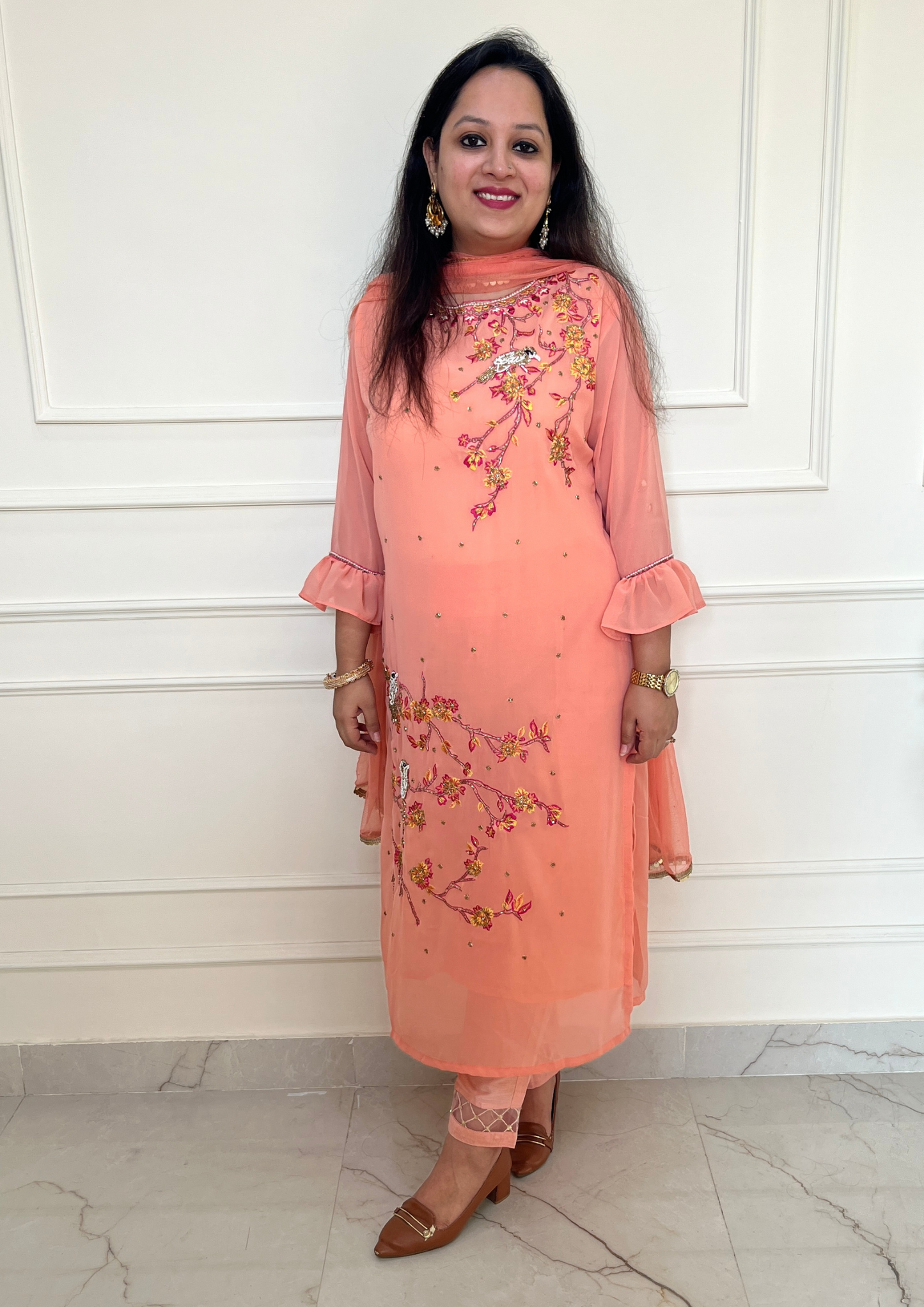 Georgette based Bird Daali Hand Embroidered 3pc suit in Peach Colour