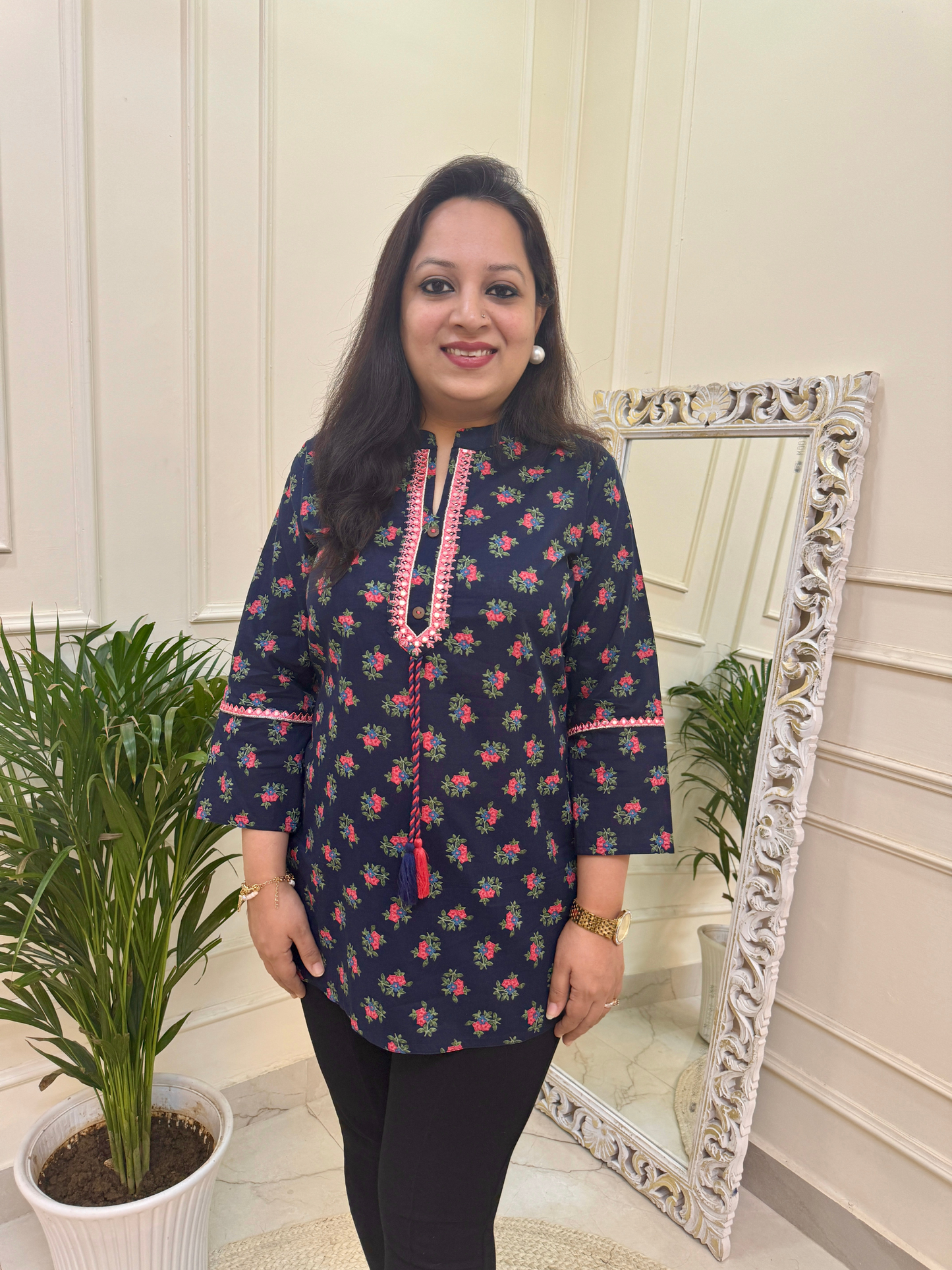 Navy Blue Floral Print Short Kurti for Jeans