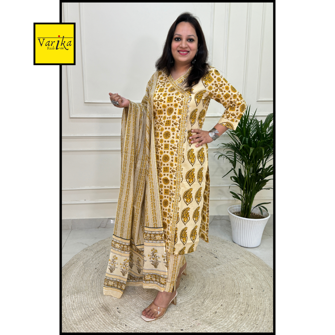 Angrakha Pattern A line Daabu Print Suit set-Green colour
