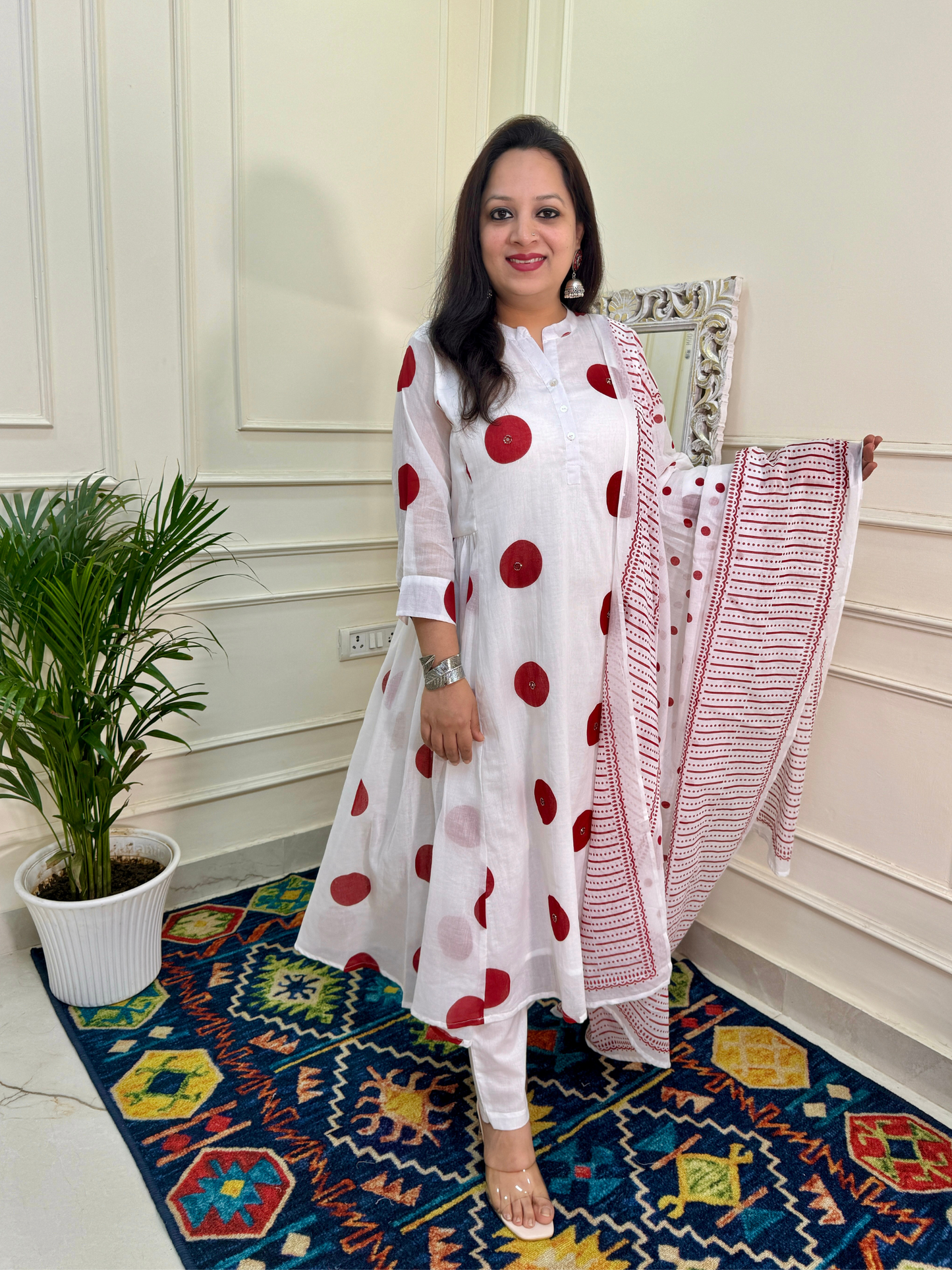 Premium Mul Cotton Polka Dot Suit Set-White/Red Colour