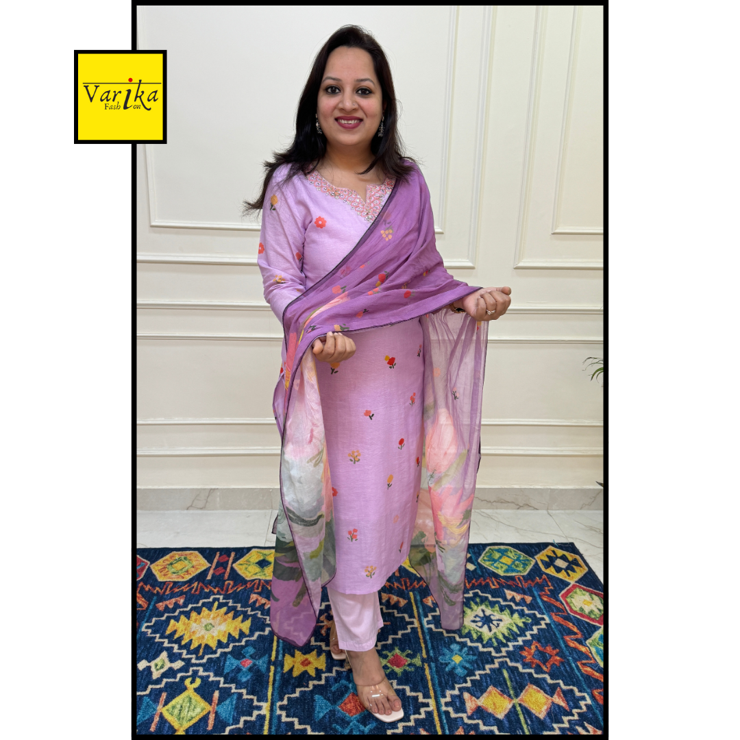 Cotton Linen Digital Print Suit Set-Lavender