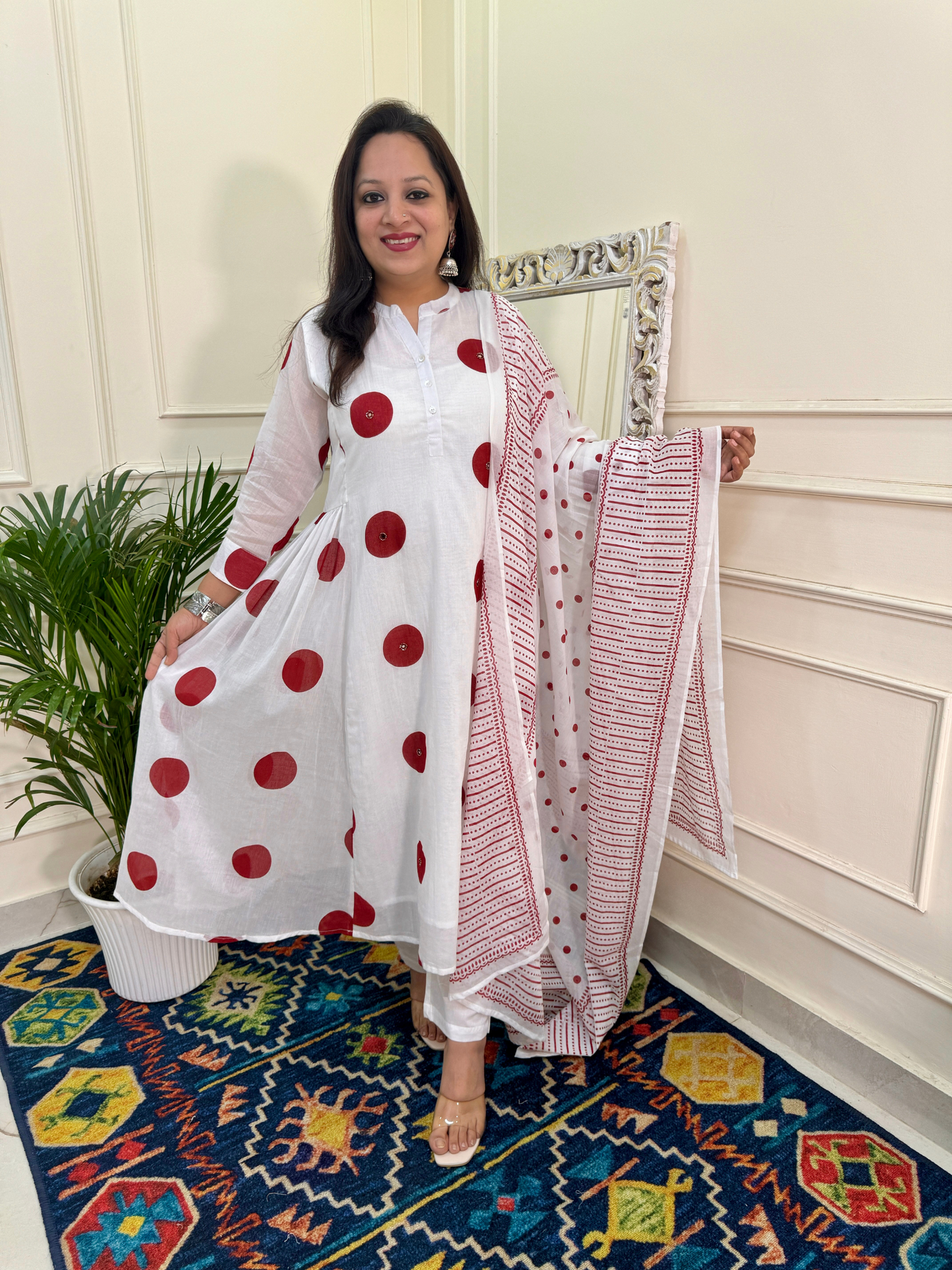 Premium Mul Cotton Polka Dot Suit Set-White/Red Colour