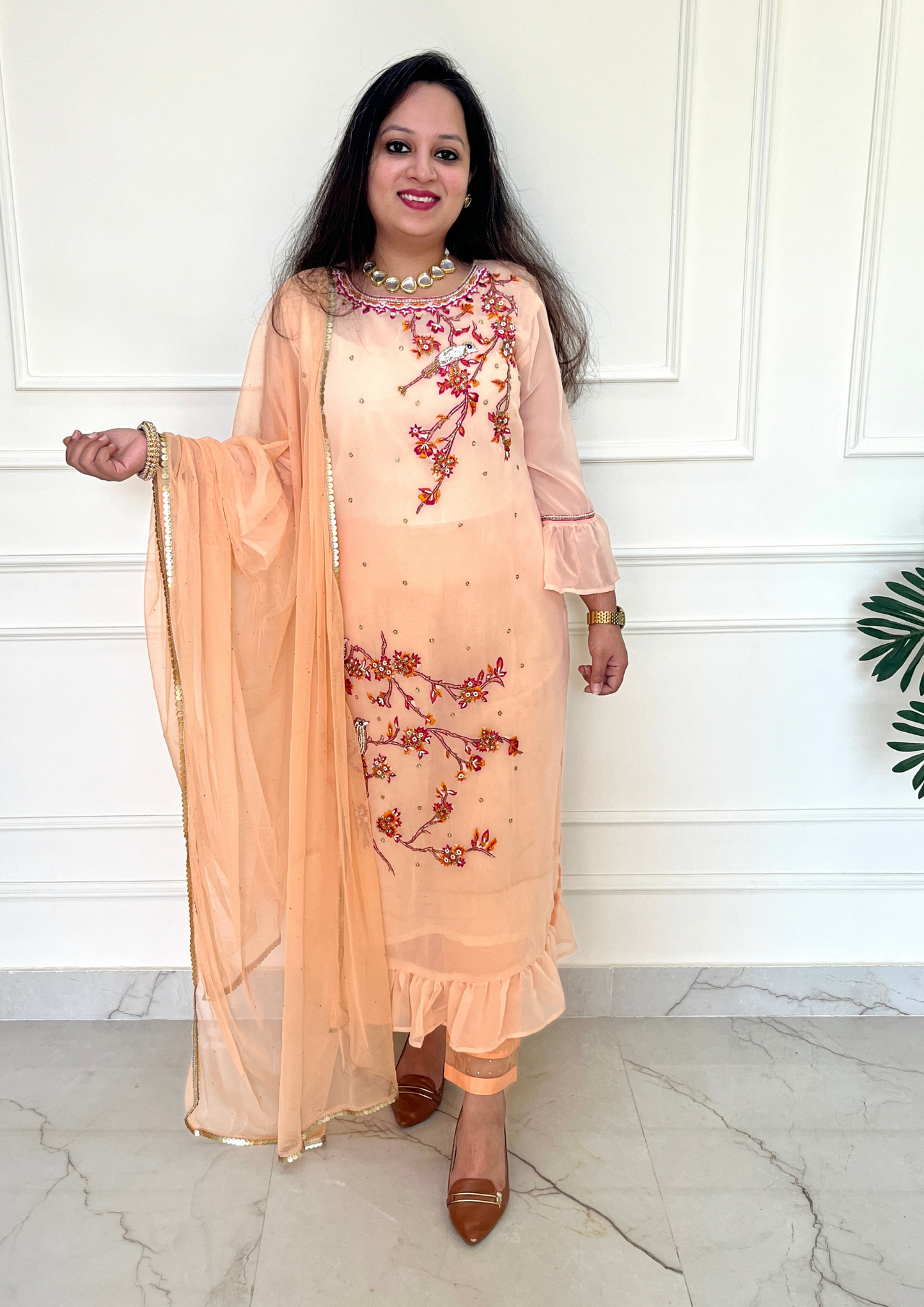 Georgette based Bird Daali Hand Embroidered 3pc suit in Light Peach Colour