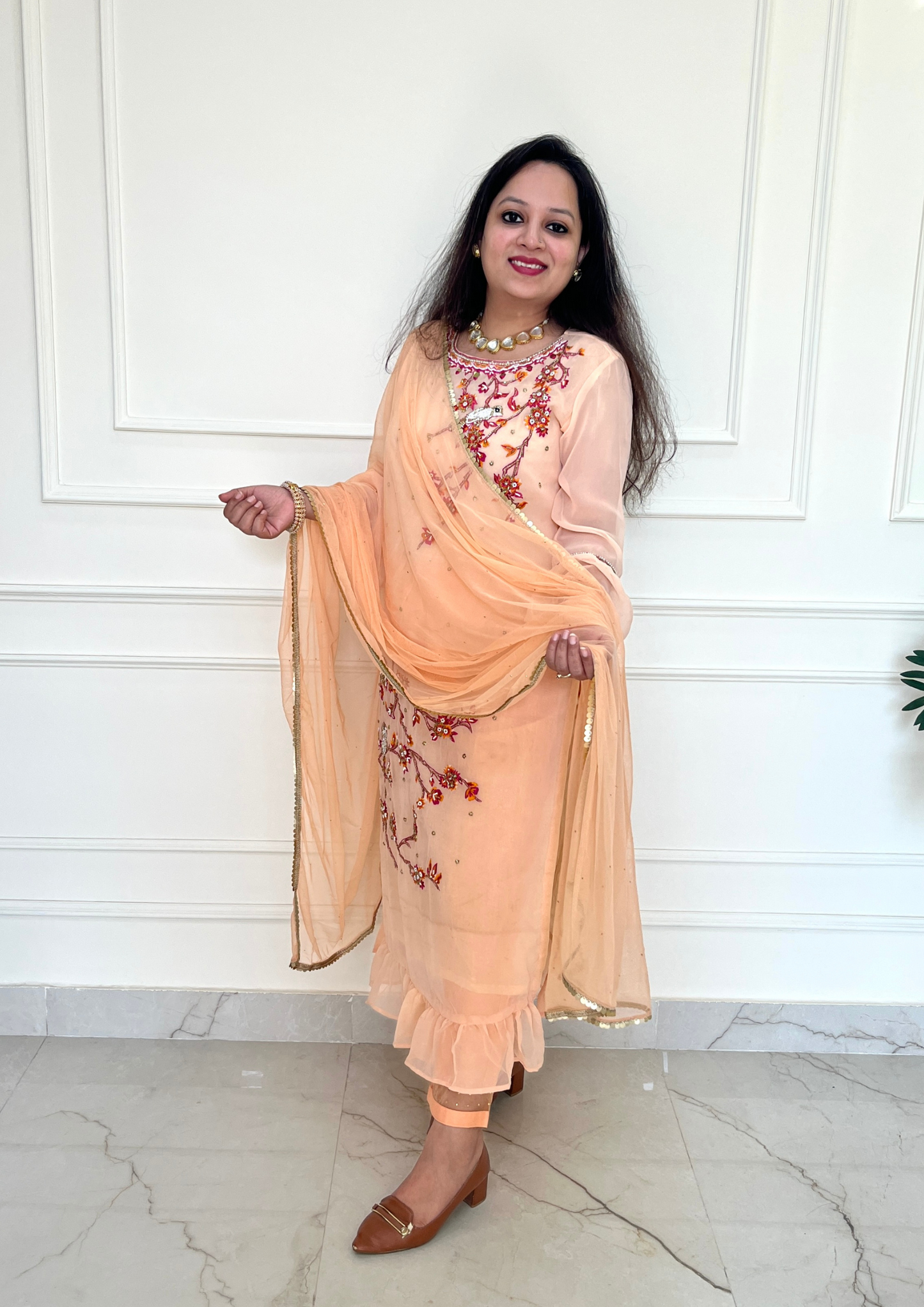 Georgette based Bird Daali Hand Embroidered 3pc suit in Light Peach Colour