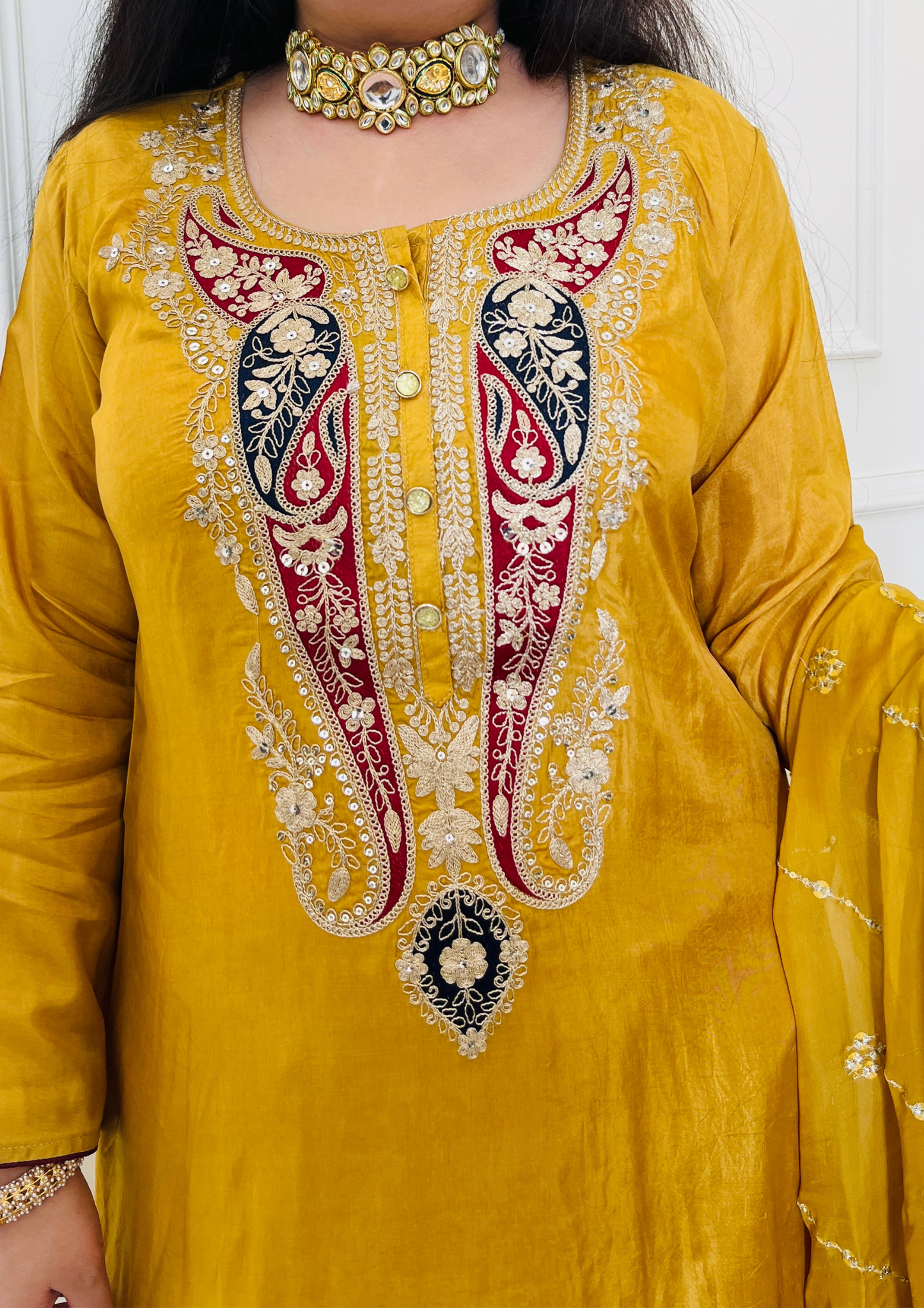 Ambi Embroidered Upada Silk Mustard Aline 3pc Suit