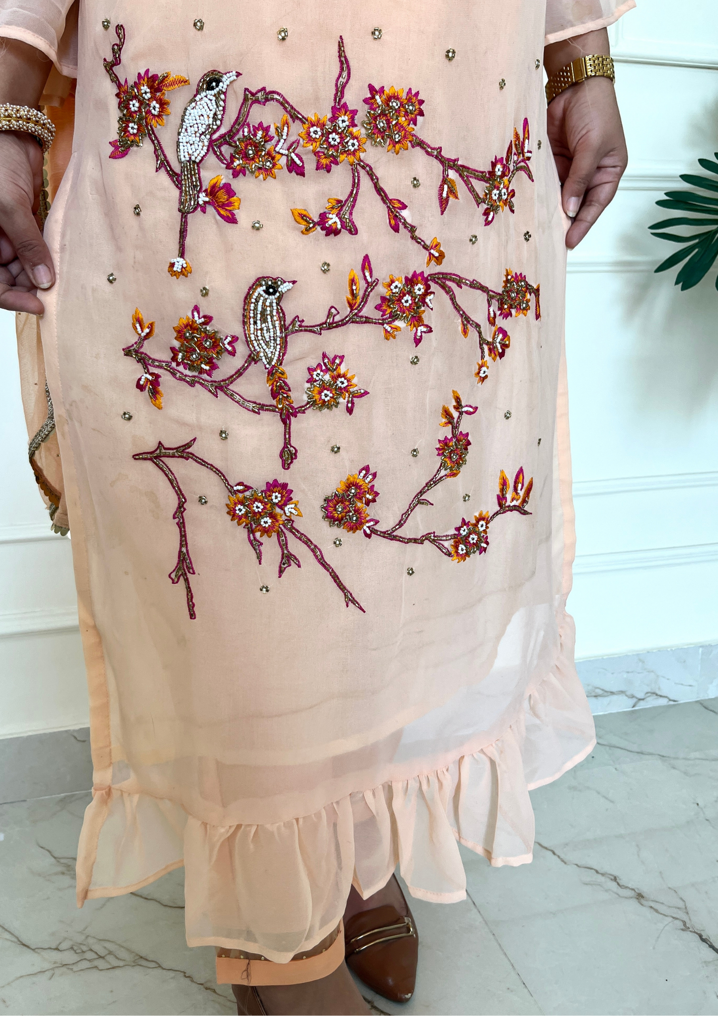 Georgette based Bird Daali Hand Embroidered 3pc suit in Light Peach Colour