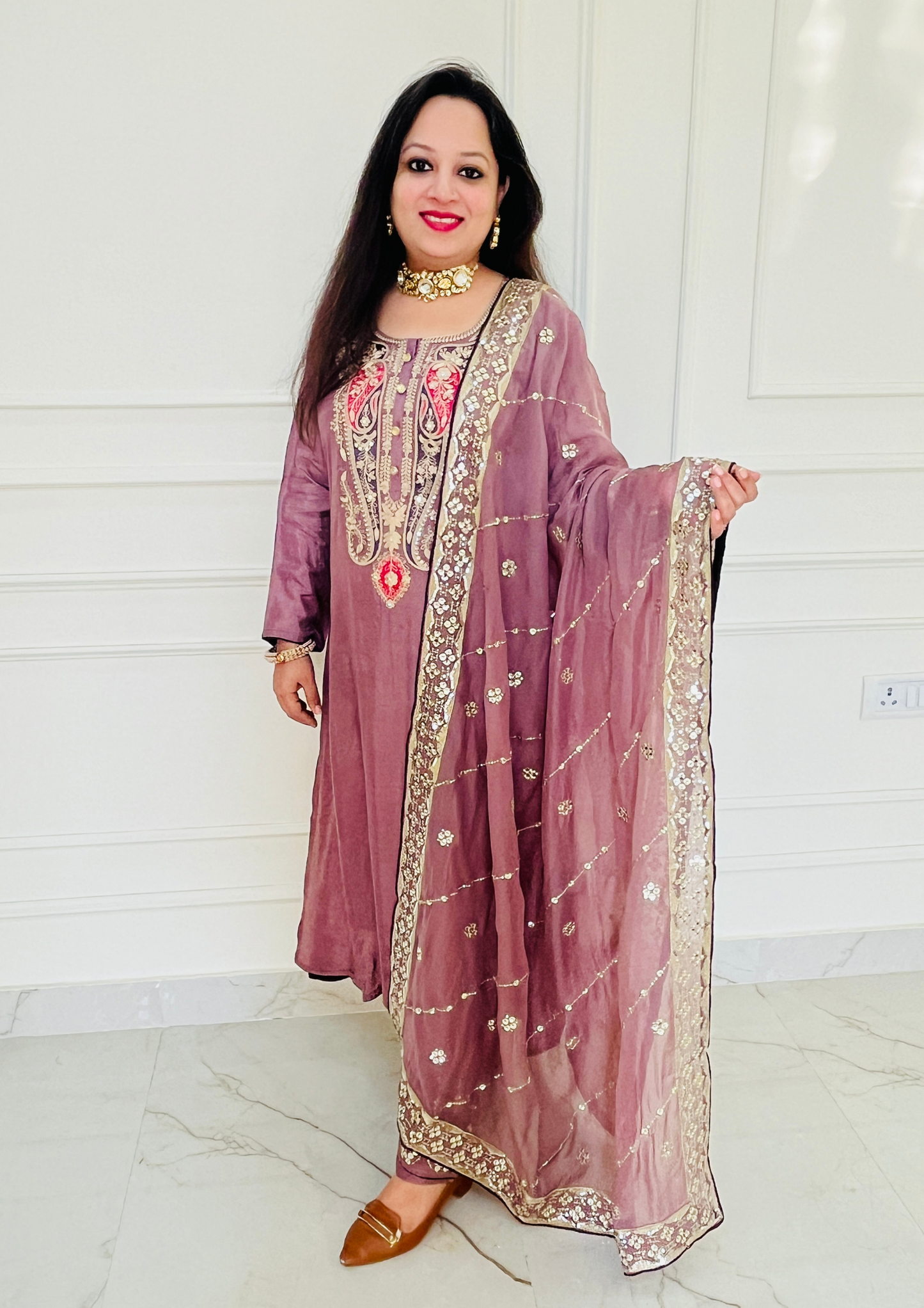 Ambi Embroidered Upada Silk Lavender Aline 3pc Suit