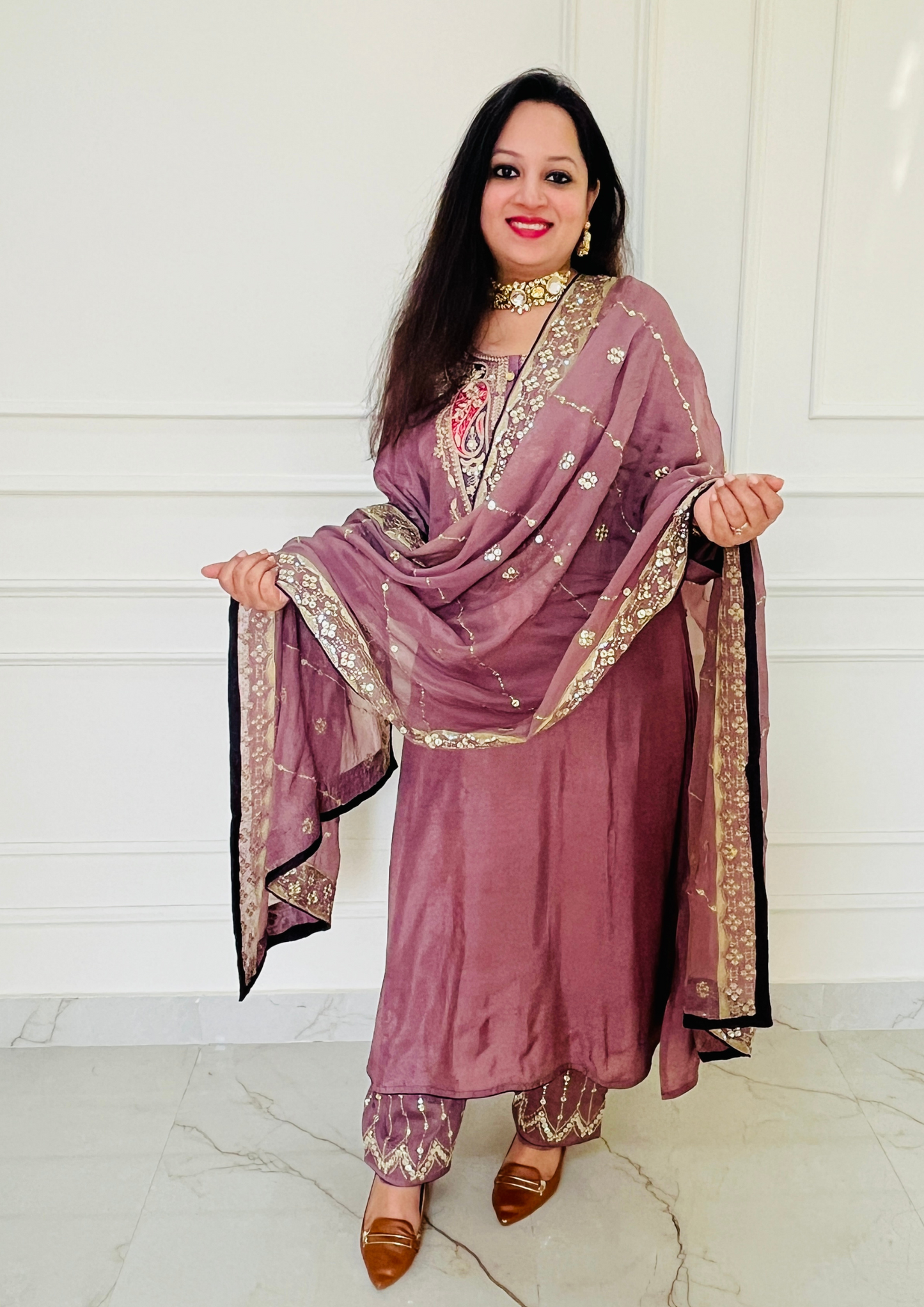 Ambi Embroidered Upada Silk Lavender Aline 3pc Suit