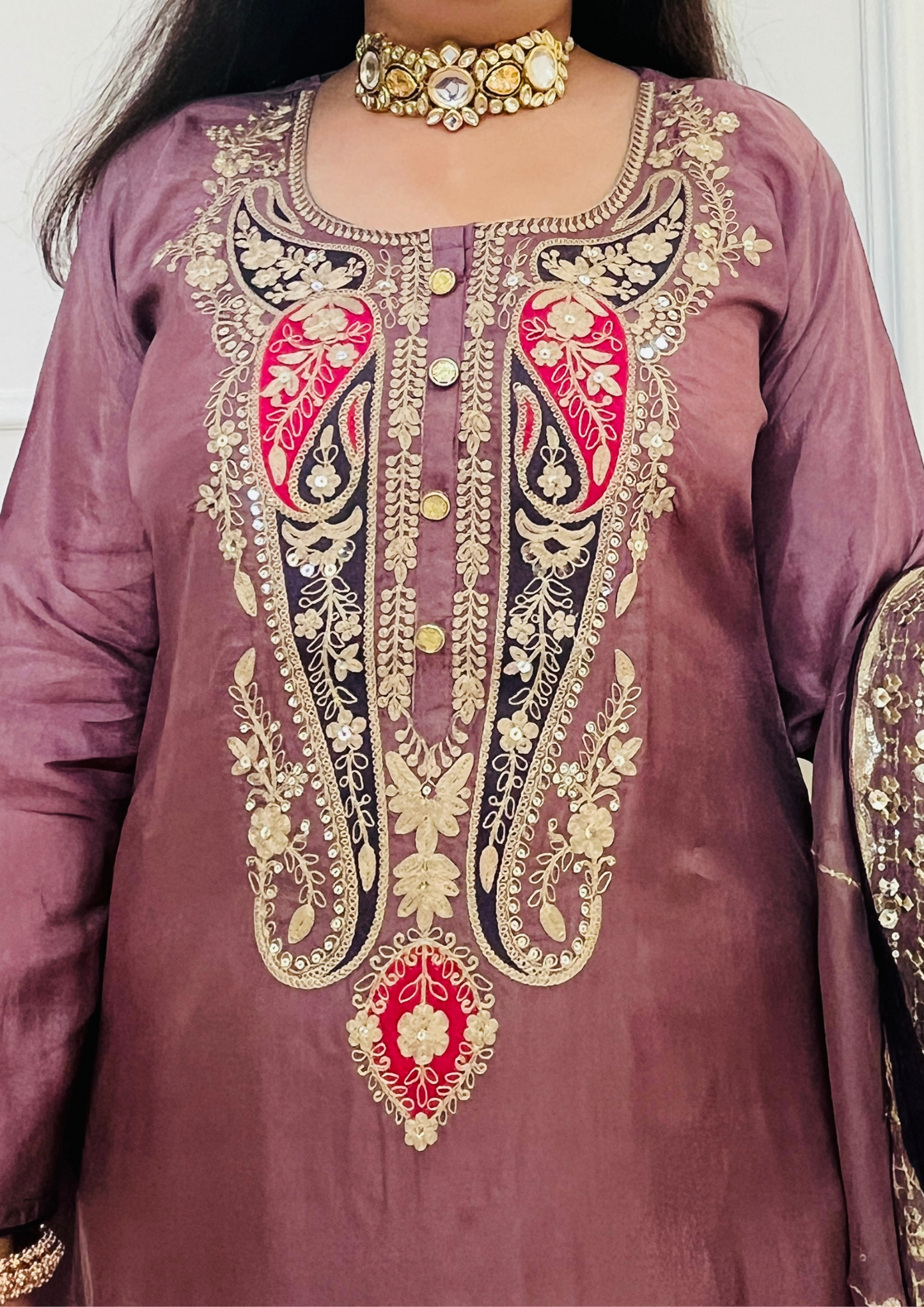 Ambi Embroidered Upada Silk Lavender Aline 3pc Suit