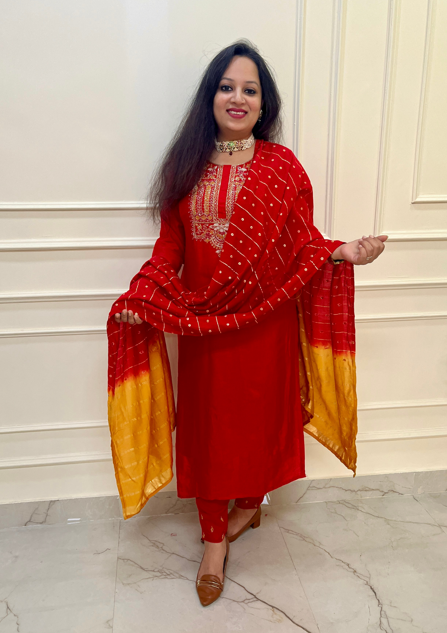 Hand Embroiery Dola Silk Red Colour 3pc Suit