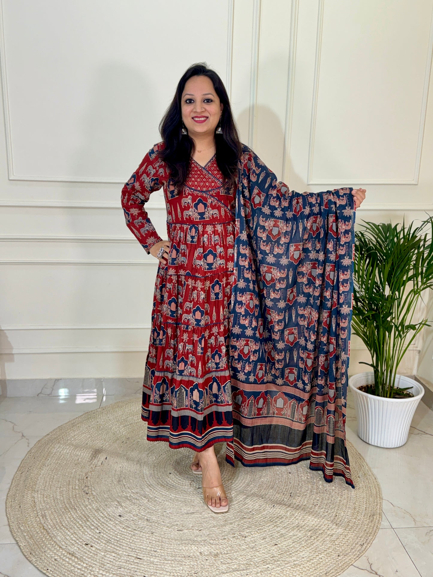 Kaara Ajrakh Layered Anarkali Suit set-Red Colour