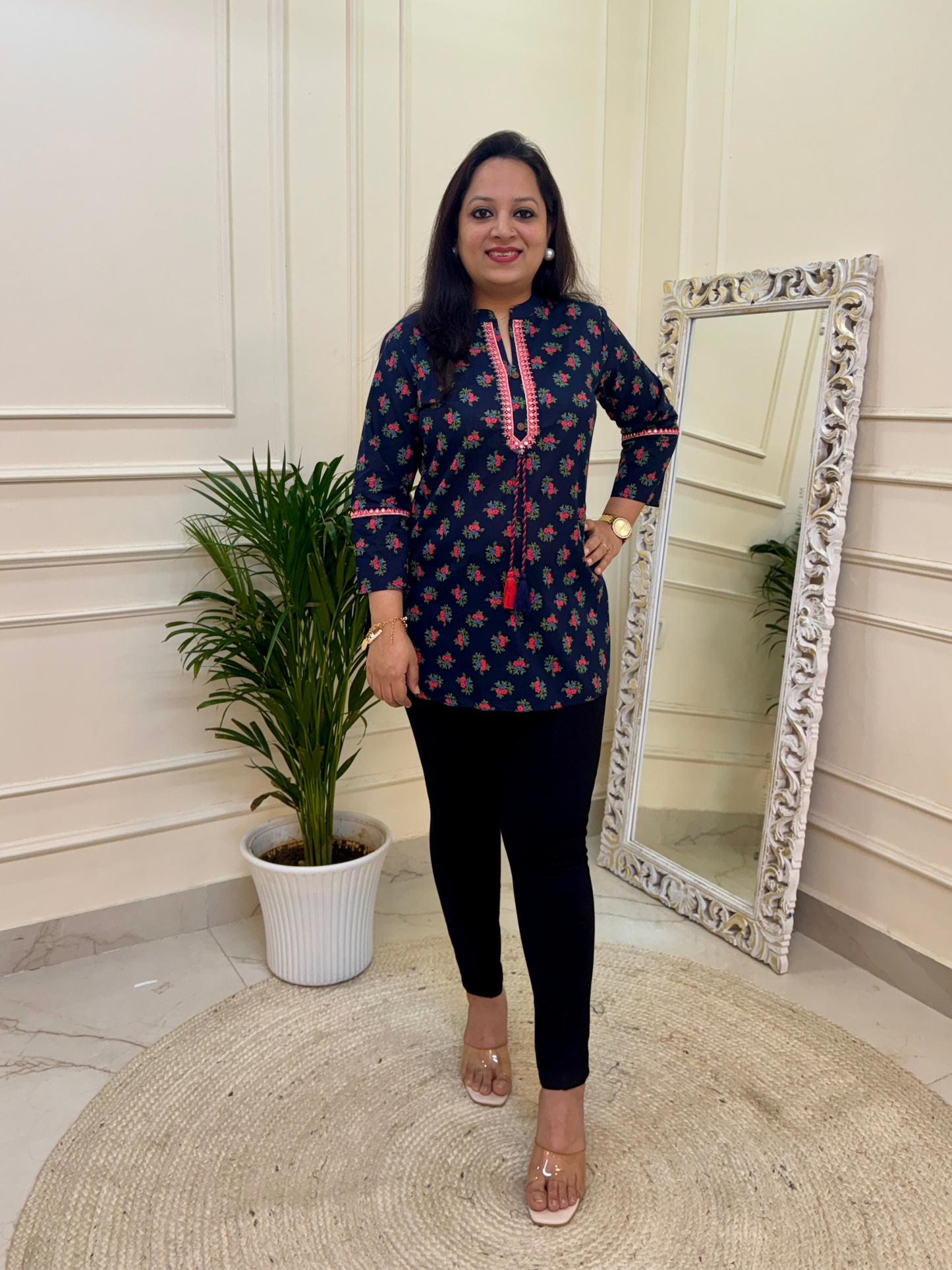 Navy Blue Floral Print Short Kurti for Jeans