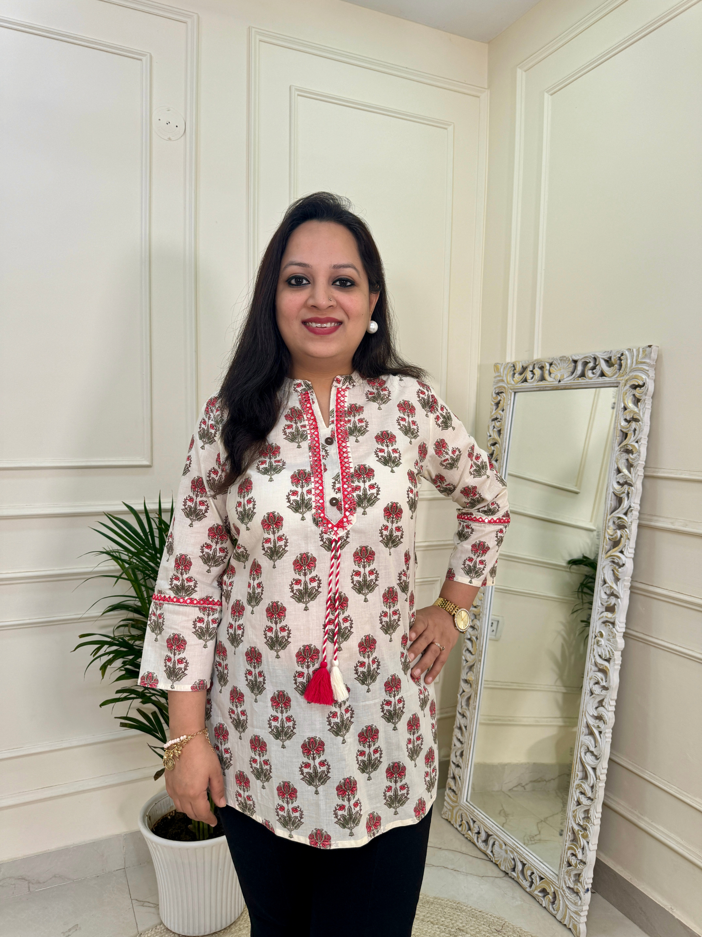 White Pink Floral Print Short Kurti for Jeans