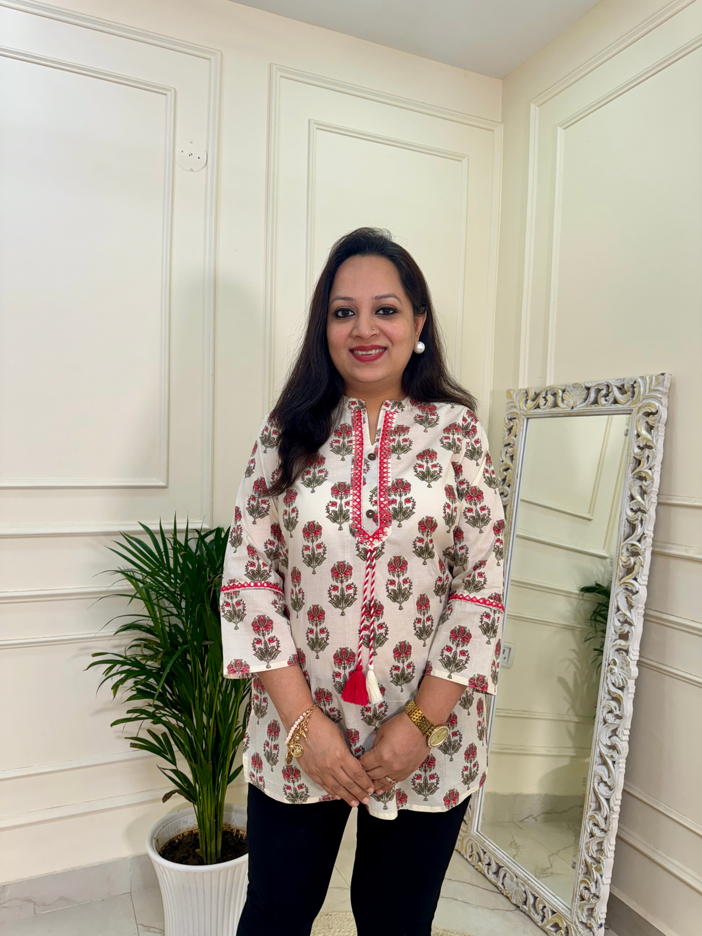 White Pink Floral Print Short Kurti for Jeans