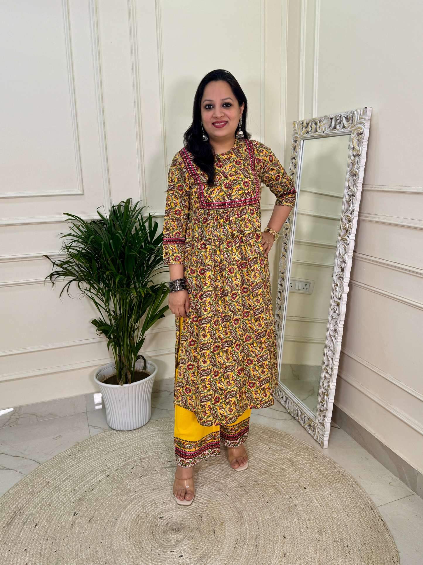The Kalamkari Kurta Set-Yellow Colour