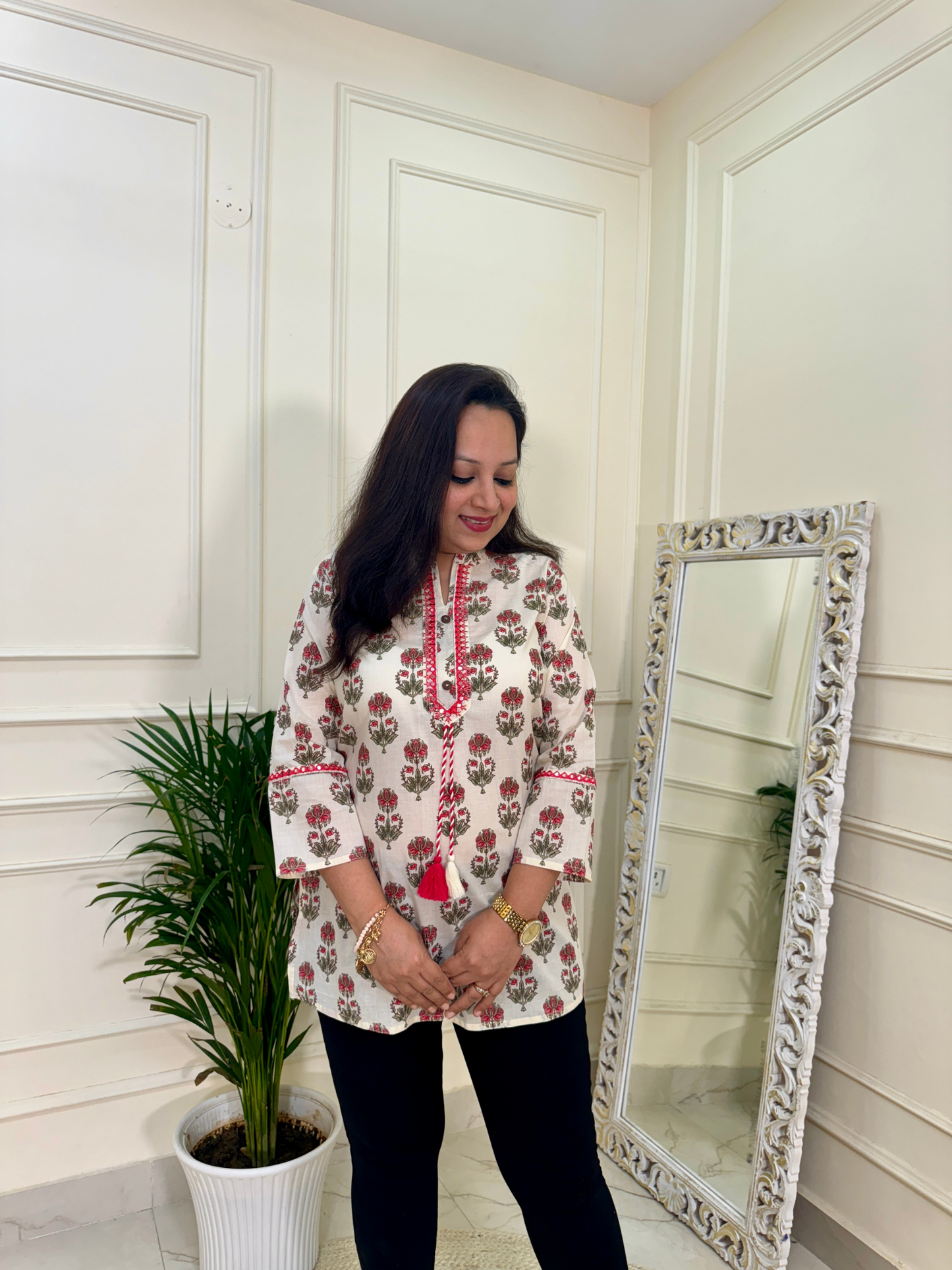 White Pink Floral Print Short Kurti for Jeans